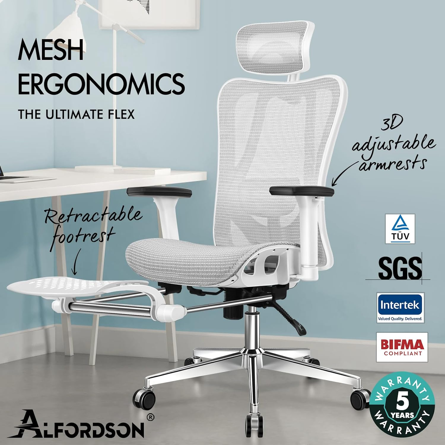 ALFORDSON Ergonomic Mesh Office Chair with 3D Armrest, Recline & Tilt Executive Study Chair with Adaptive Lumbar Support, Computer Gaming Desk Chair with Adjustable Headrest & Footrest, White Grey image number 5