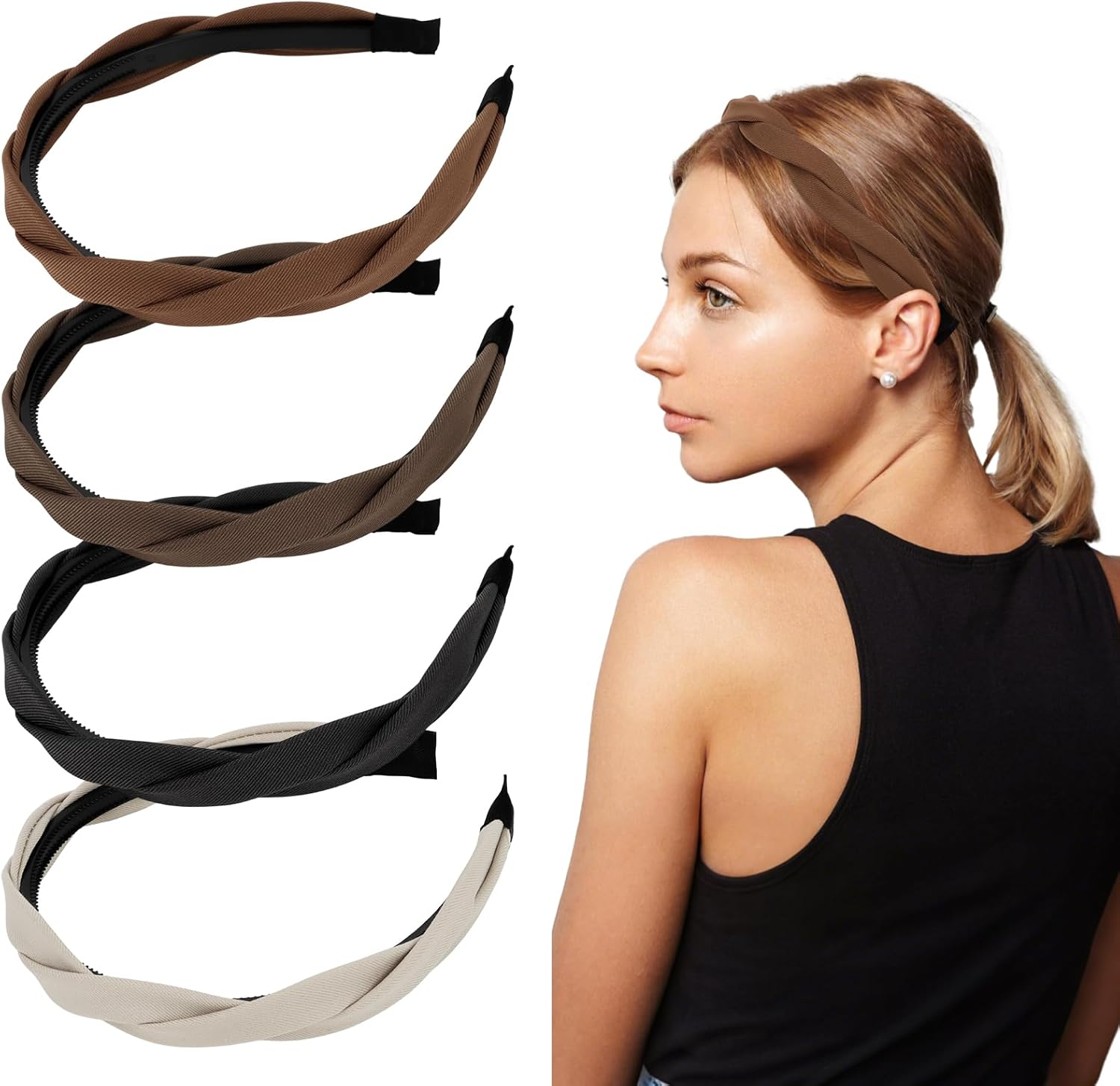 KIUEZIR Pack of 4 Criss-Cross Headbands - Earth Tone Mix with Non-Slip Comb and Ends, Twisted Hair Bands for Women, Fashion Accessories, Perfect for Everyday/Training/Styling, Thin/Thick Hair image number 6