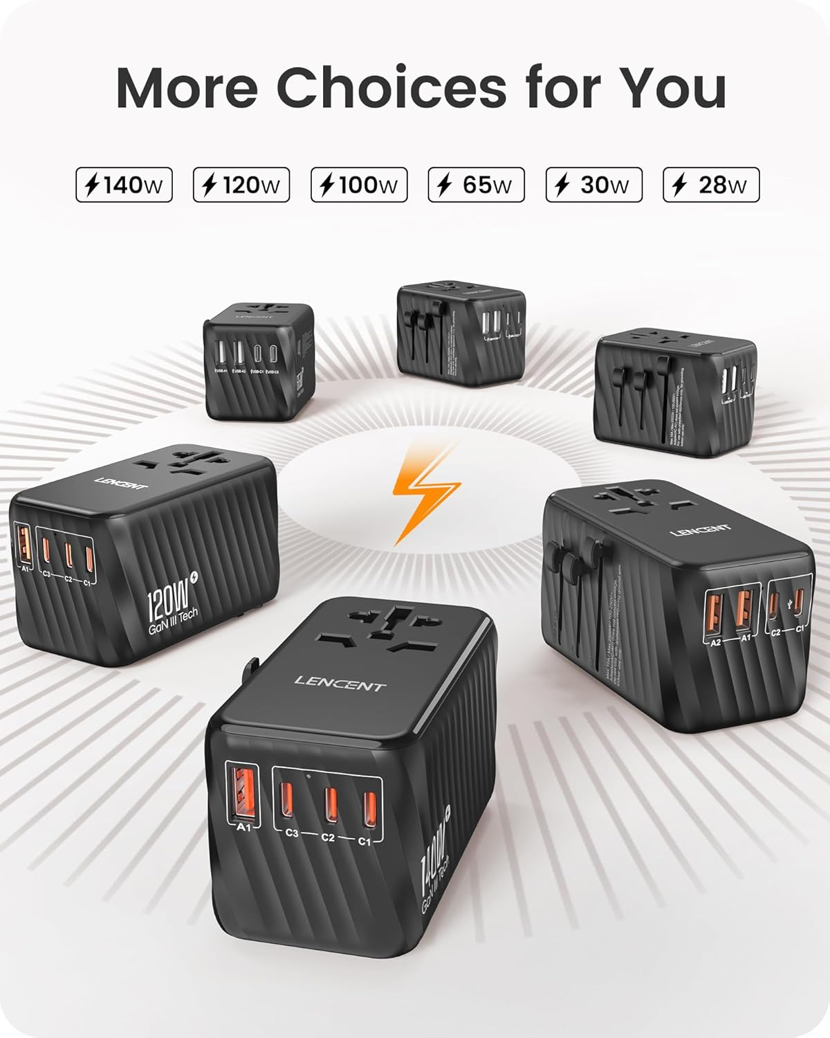 LENCENT Universal Travel Power Adapter, International AC Plug Adaptor with 5.6A 3 USB C 2 USB a Ports Wall Charger Worldwide Travel Essentials for US to EU UK Ireland Australia (Type C/G/A/I) Black image number 3