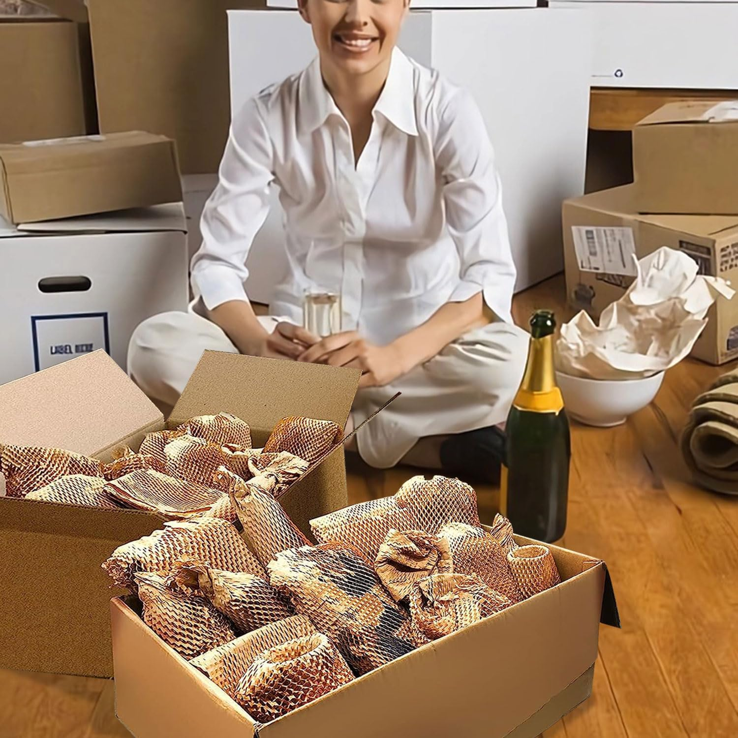 Honeycomb Packing Paper Superior Protection for Moving Recyclable Bubble Paper Wrapping Roll Kitchen Packing Supplies for Moving Supplies for Dishes and Glasses,Brown,14.9"X1968",38Cmx50M image number 4