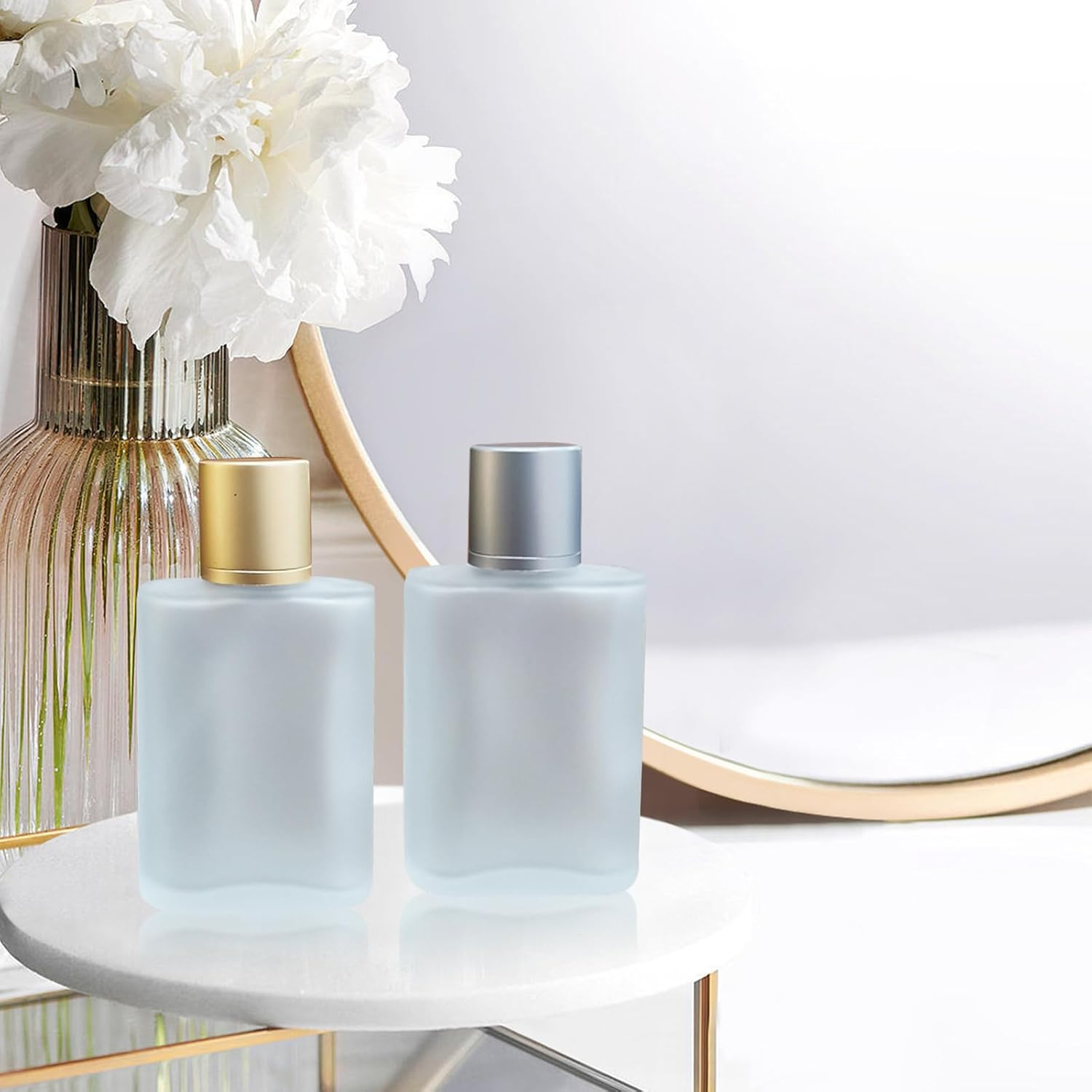 XUSSMM Perfume Atomiser, Empty Perfume Bottle, Matte Atomiser, Perfume Glass with Perfume Atomiser, Funnels and Gold and Silver Caps for Date, Party, Work (30 Ml, Gold + Grey) image number 6