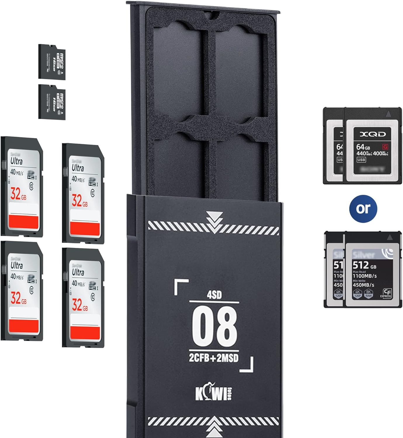 KIWIFOTOS 8 Slots Memory Card Case Pop-Up Aluminum Memory Card Holder Organizer Micro SD Card Holder Stores 4 SD & 2 CF Express Type-B or XQD & 2 X Micro SD image number 1