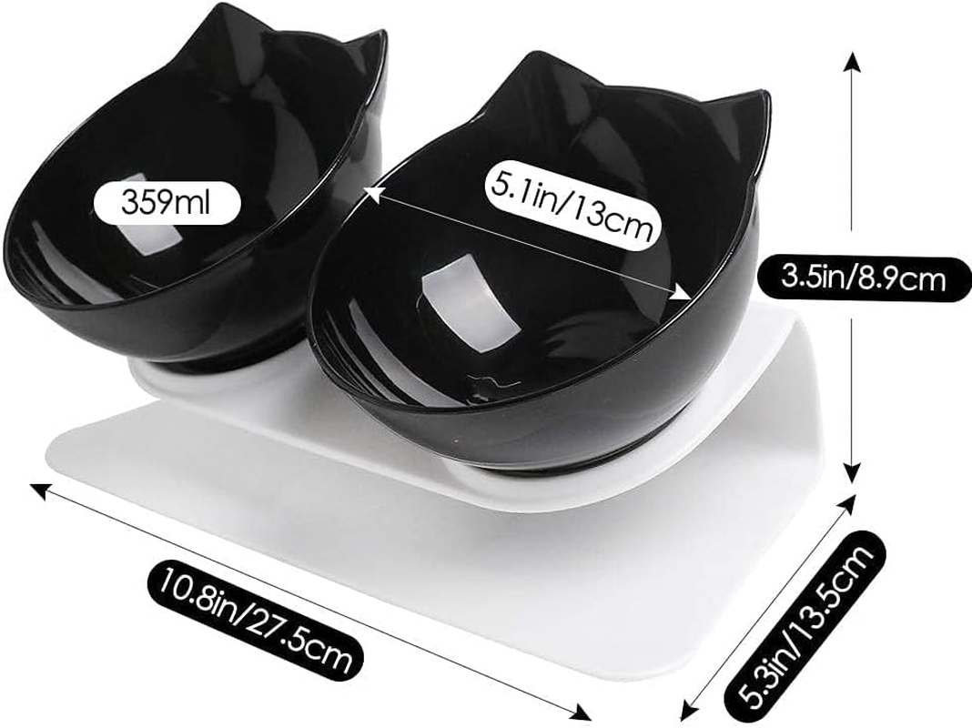 Cat Bowls Double Elevated with Raised Stand, 15&deg;Tilted Cat Bowl Design Neck Guard Stand Raised Pet Food Water Feeder Bowl for Indoor Cats and Small Dogs Kitten Dishes Rabbits (Black)