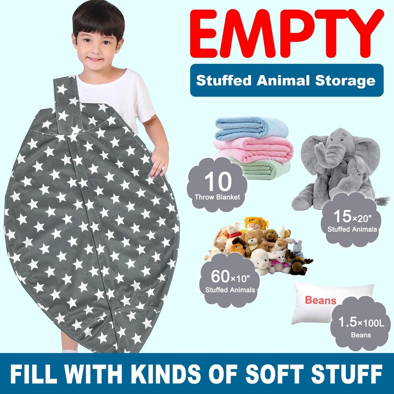 Stuffed Animal Storage Bean Bag Chair, Zipper Beanbag Cover, Stuff and Sit Bean Bag Cover, Washable Pouf Organizer for Plush Toys, Linens, Quilts, Pillows (Grey Star, 32 in Large) image number 4