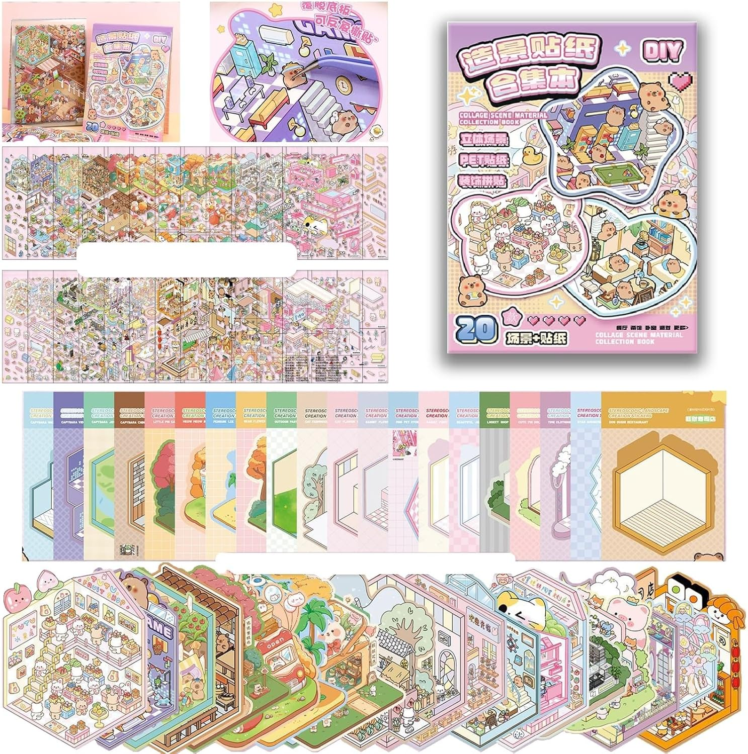 DIY 3D Sticker Scene Book - 20 Sets of Cute Cartoon House Stickers for Stress Relief & Art Therapy, Fun Creative Activity to Pass Time for Kids & Adults