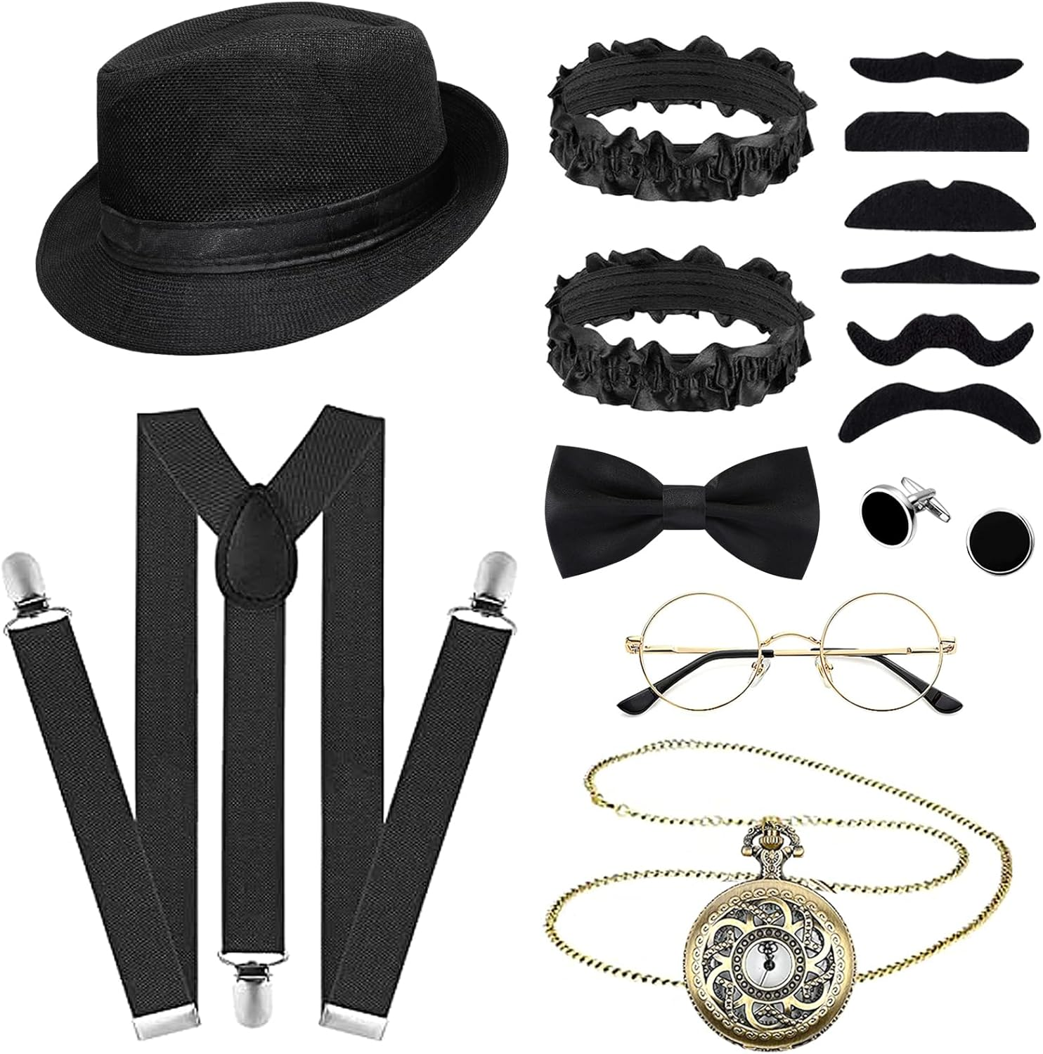 8PCS 1920S Gatsby Costume Accessory Set, 20S Costume Set with Hat, Bow Tie, Pocket W-Atch, Suspenders, Glasses for Men Adults Cosplay Party Supplies Dress Up image number 3