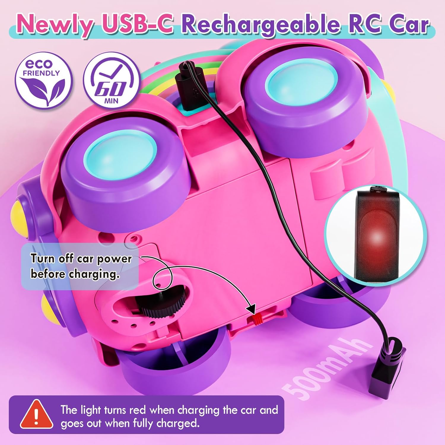 Remote Control Car Unicorn Toys for Girls, Pink RC Cars with Cute Cool LED Lights & Music, 2.4Ghz Girls Toys Car USB Direct Charging Unicorn RC Cars Easter Birthday Gifts for Kids Girl 3+ Year Old image number 4