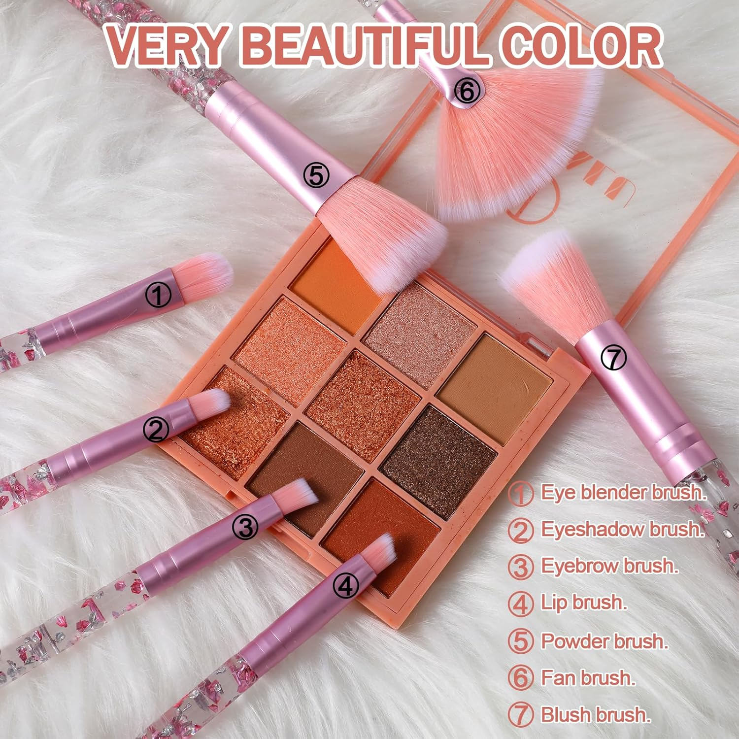 Makeup Brush Set, 7 Pcs Makeup Brushes Crystal Glitter Make up Brushes Cute Synthetic Bristles Make up Brush Set for Eyeshadow Blush Concealer Lipstick Foundation Application (Pink)