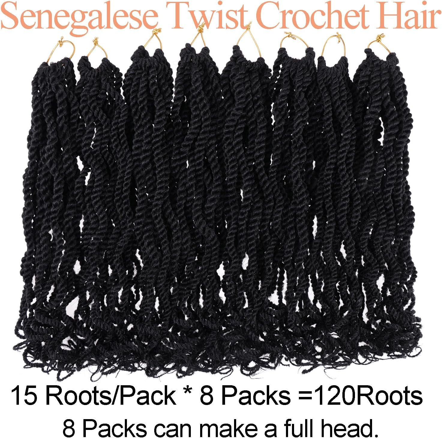 Mscat 14 Inch Wavy Senegalese Twist Crochet Hair, 8 Pack Synthetic Short Pre Looped Kids Crochet Braids with Curly Ends, Pre Twisted Small Havana Twist Braiding Hair for Black Women 1B# image number 5