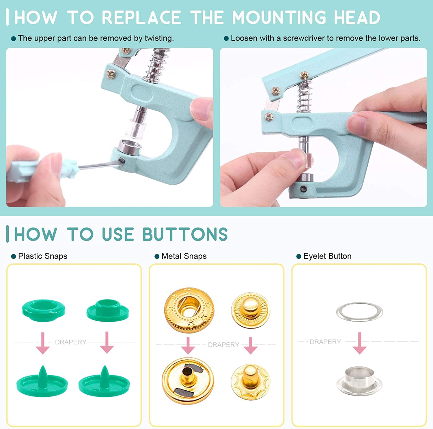 Keadic Snap Fasteners Kit with Pliers, 31 Colors 408Sets T5 Plastic Metal Buttons, Snaps and Snap Pliers Set for Sewing and Crafting, DIY Projects, Includes Storage Box image number 4