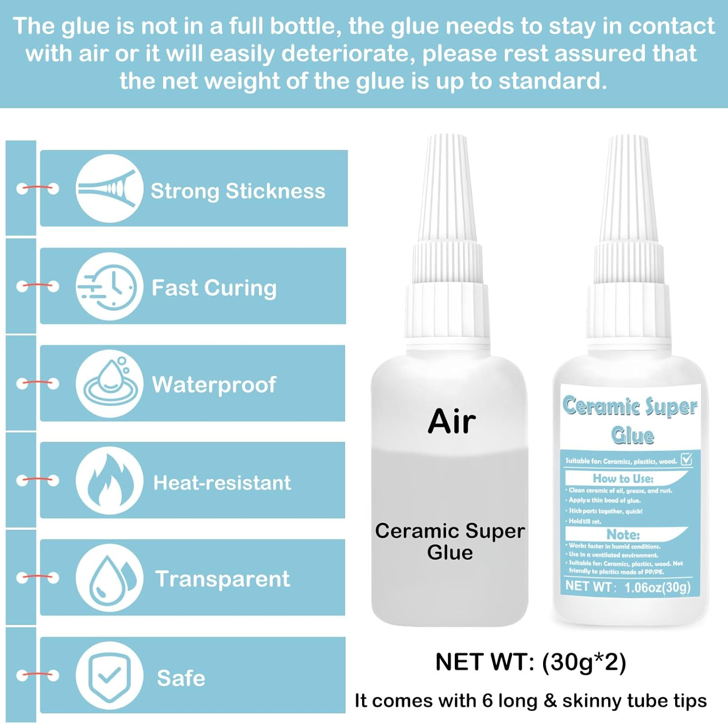 WAN2TLK Ceramic Glue 60G, Waterproof Ceramic Glue Repair for Pottery, Heat-Resistant, Porcelain Glue for Bonding Pottery, Glass, Plastic, Acrylic, Metal, Wood, Rubber - 6 Applicator Nozzles image number 2