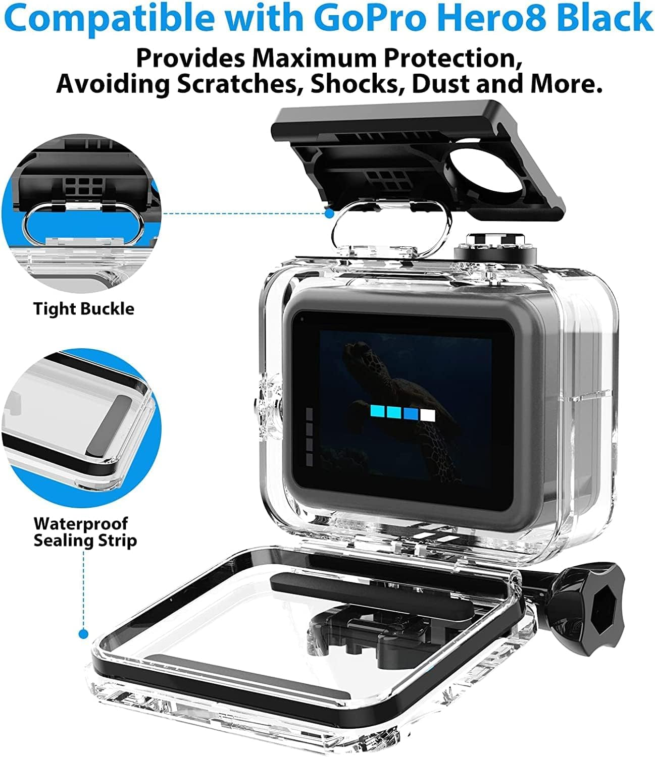 Waterproof Housing Case for Gopro Hero 8, Waterproof Case Diving Protective Housing Shell for Gopro Action Camera Underwater Dive Case Shell with Mount & Thumbscrew image number 4