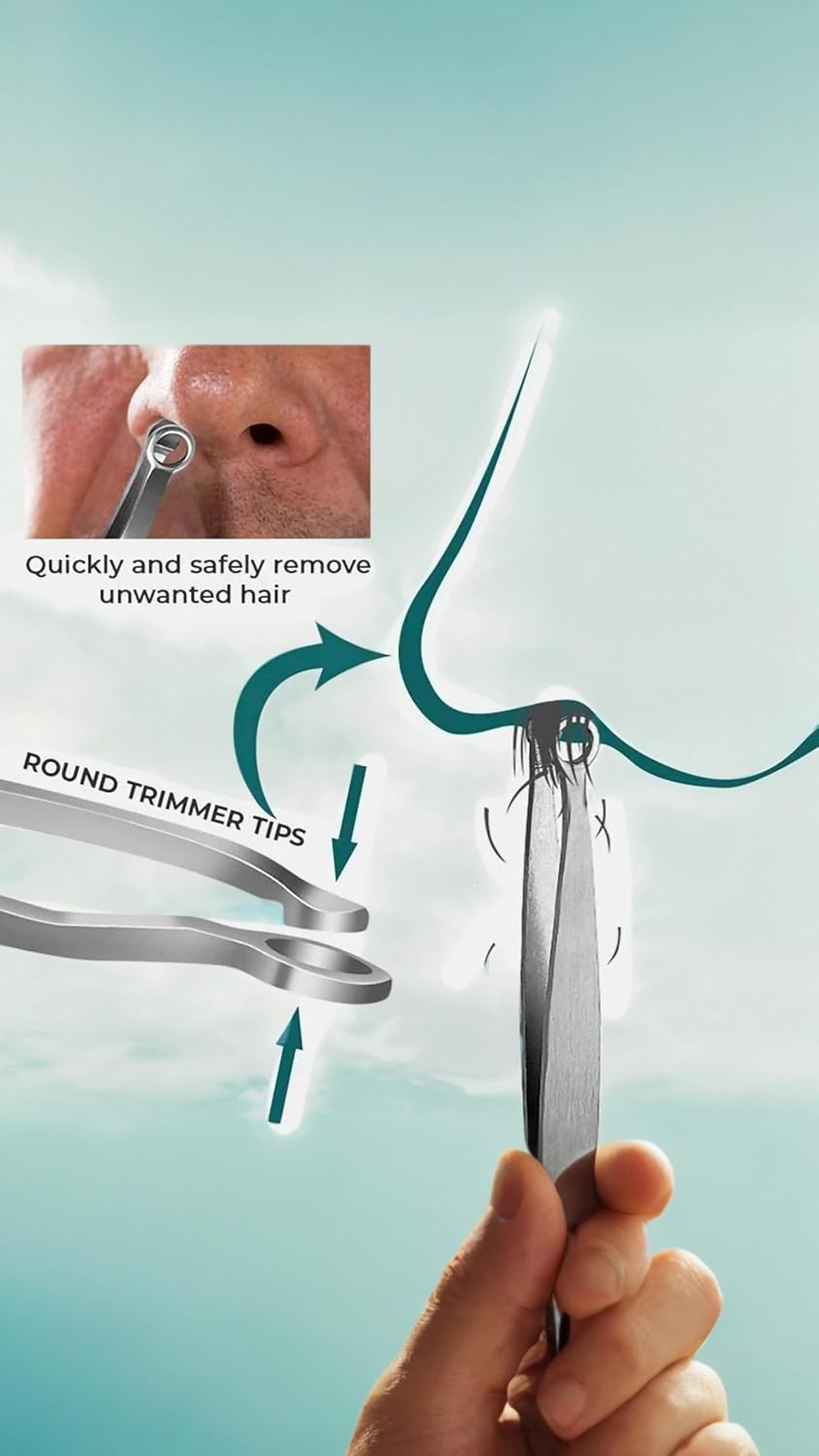 Honwor Universal Nose Hair Trimming Tweezers Stainless Steel Tweezers Eyebrow Clippers Trimmer Friendly round Tip No Mirror Needed Easy Cut for Noses Sideburns Brow Body (1Pcs+Black Leather Case)