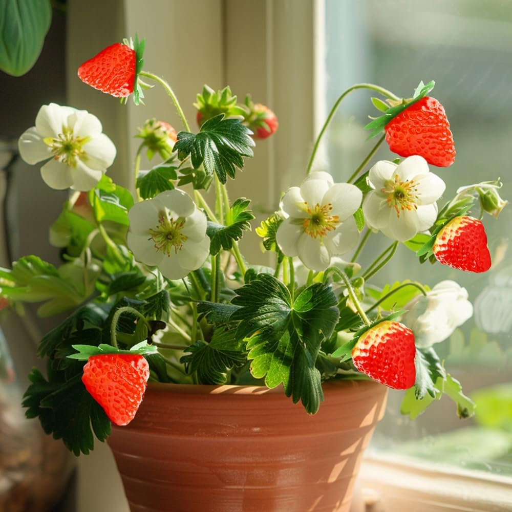 DONOTGO 50Pcs Artificial Strawberries Fruit Plastic Fake Lifelike Simulation Realistic Strawberry Faux Fruits Decoration for Home Kitchen Cabinet Party Cake Dessert Decor Photography Prop image number 1