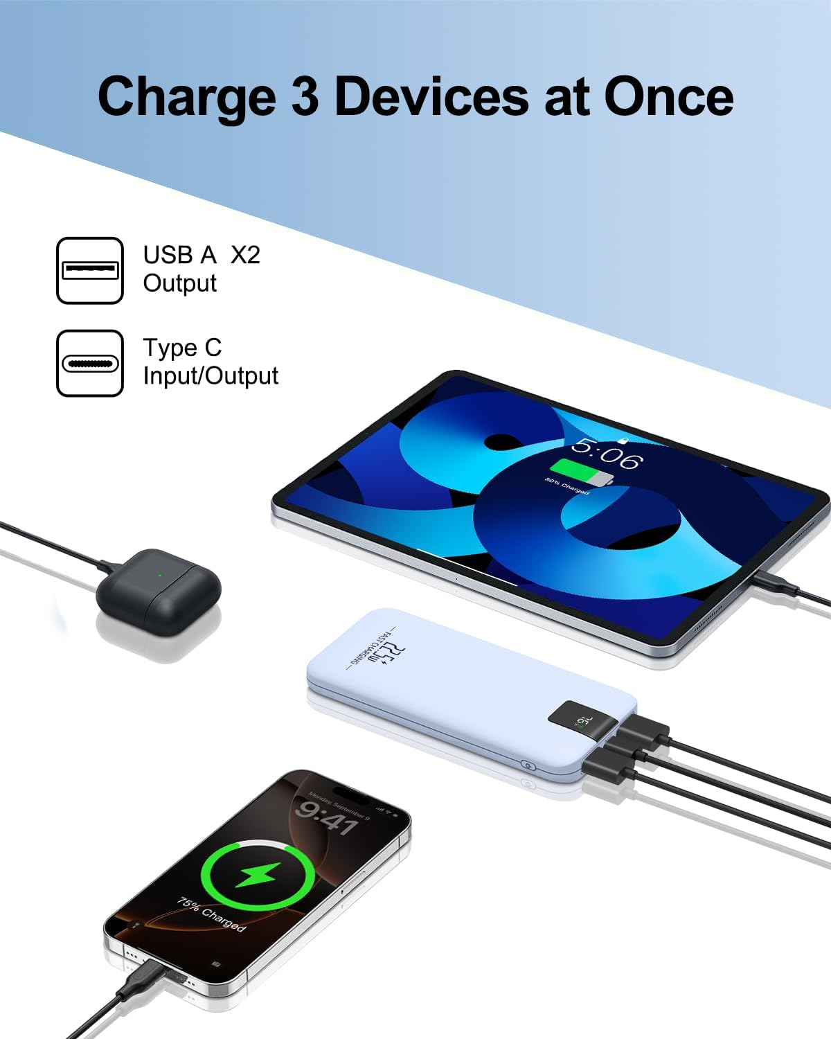 Portable Charger 10000Mah 22.5W Power Bank, Fast Charging External Battery Pack with 3 Outputs & 2 Input, Type-C In/Out, LCD Display Slim Portable Phone Charger for Smartphone, Tablets (Blue) image number 5