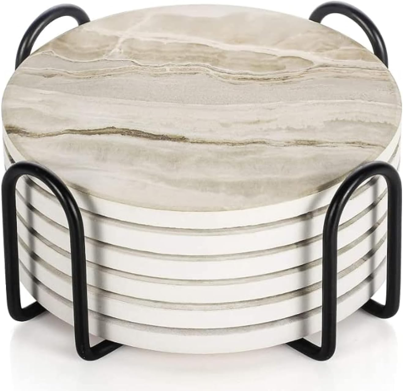 QYINXIU Drink Coasters with Holder, Absorbent Coaster Sets of 6, Marble Style Ceramic Drink Coaster for Tabletop Protection,Suitable for Kinds of Cups, Wooden Table, Cool Home Decor, 4 Inches (Beige) image number 1