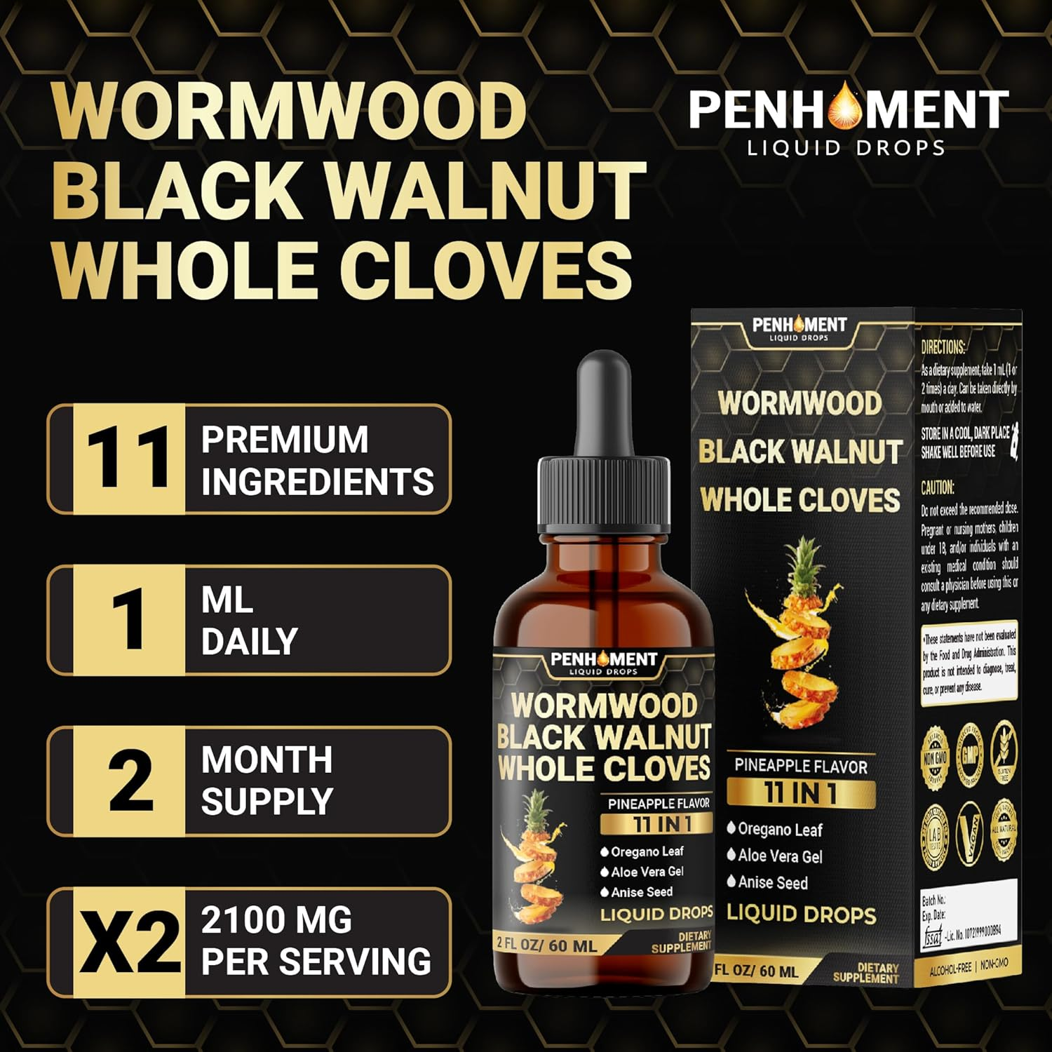 11In1 Liquid Wormwood Drops with Black Walnut, Whole Cloves, Oregano & 7 More - Pineapple Flavor - 2 FL OZ - 60 Days Supply image number 2