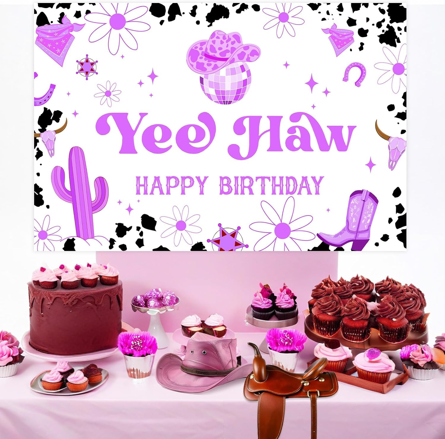 Wonmelody Cowgirl Birthday Party Backdrop Decorations Purple 4.92 * 3.28Ft Yee Haw Happy Birthday Backdrop Banner Western Cowgirl Disco Horse Farm Birthday Party Supplies Photograph Background
