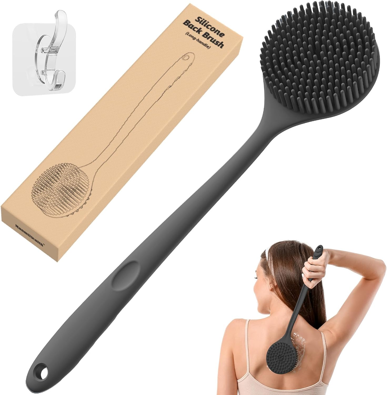 Manmihealth Silicone Back Scrubber for Shower(Thick Bristles), Body Scrubber with 15'' Long Handle, Light & Easy-To-Hold Shower Brush for Skin Exfoliating and Massaging, Not Good in Lathering.(Black) image number 5