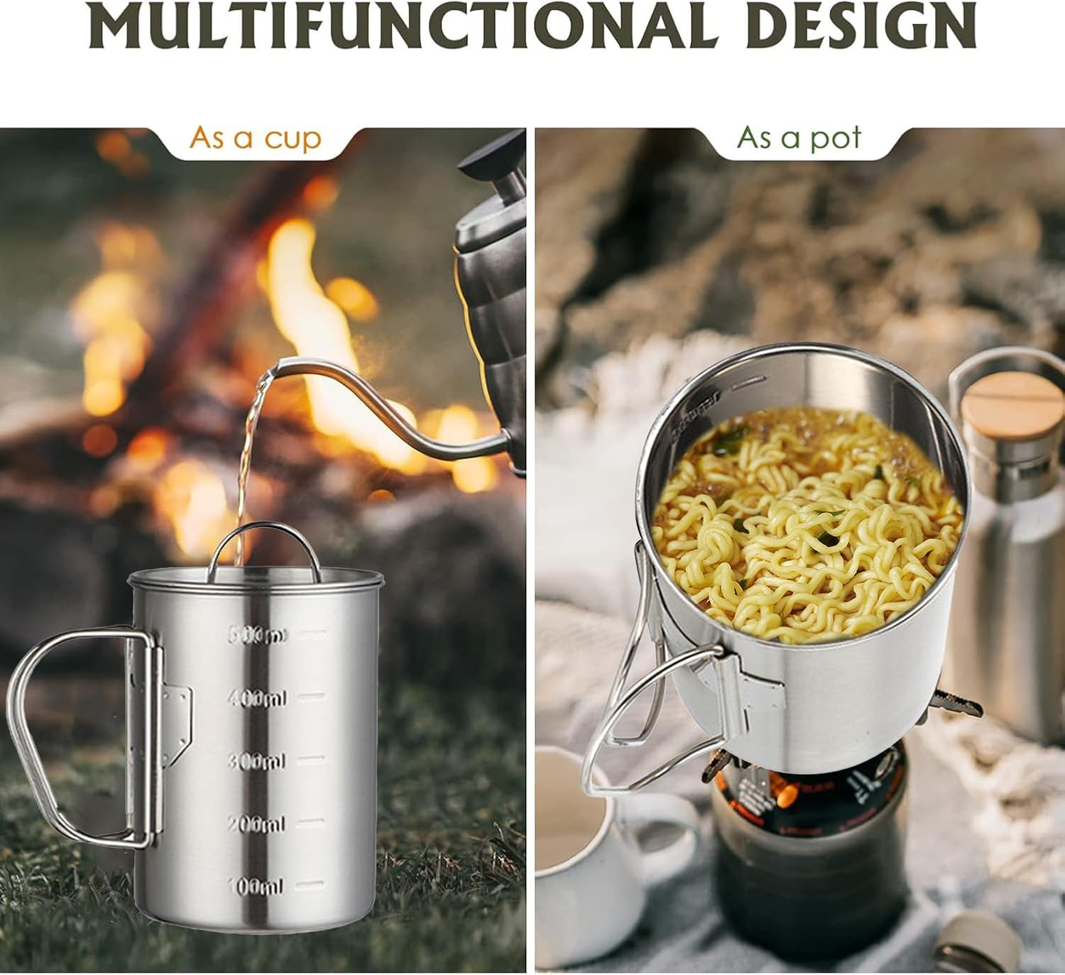 Glomora Stainless Steel Camping Mug, Stainless Steel Camping Cup Pot, Outdoor Mug with Folding Handle, Lid Scale - Ideal for Camping, Hiking, Backpacking (500 Ml) image number 2