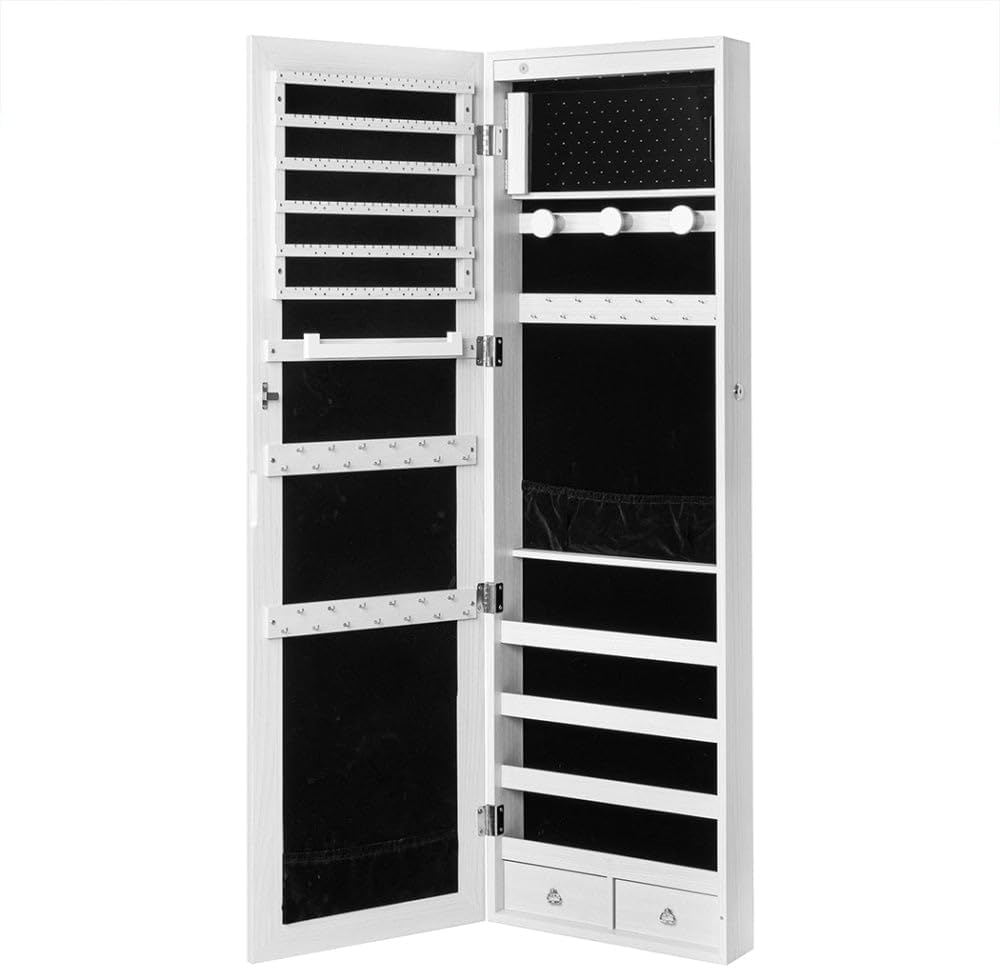 LEVEDE LED Lights Jewelry Cabinet Armoire, Lockable Jewelry Storage Organizer with Full Length Mirror, Wall/Door Mounted Dressing Mirror for Bedroom, Bathroom, Living Room (37 X 10 X 120Cm, White) image number 2