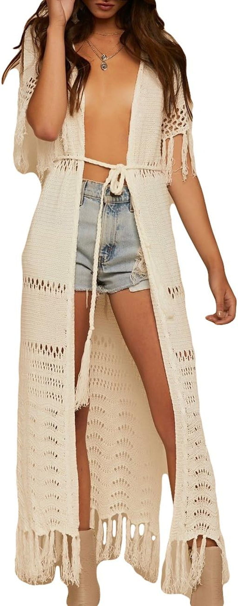 Bsubseach Women Sexy Lace Crochet Open Front Swimsuit Beach Long Kimono Cover Ups