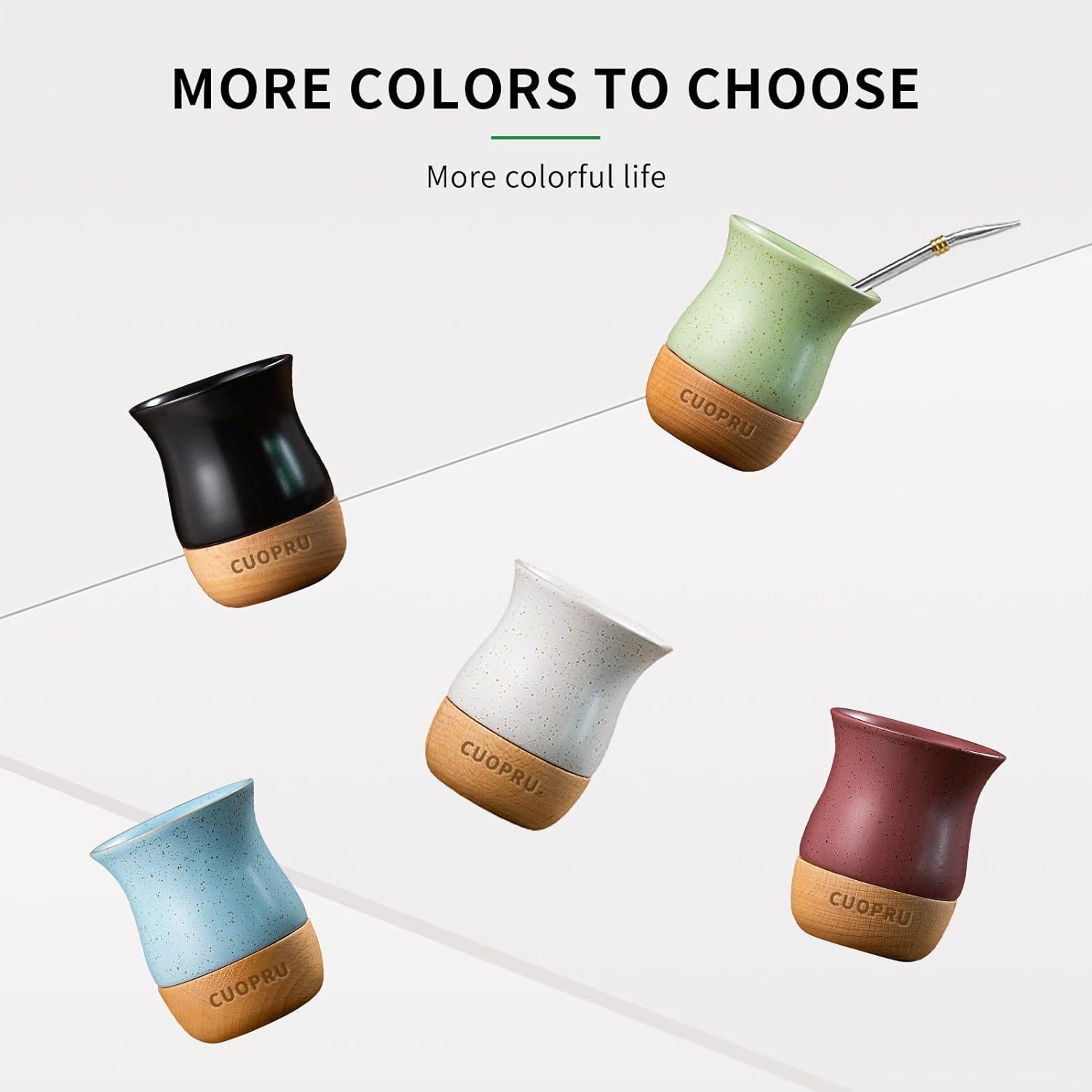 8 OZ Ceramic Yerba Mate Cup with Original Wood Base, Includes Mate Gourd, Bombilla Straw and Cleaning Brush - Perfect for Traditional Yerba Mate and Modern Style Drinking Mug (Blue) - Black image number 3