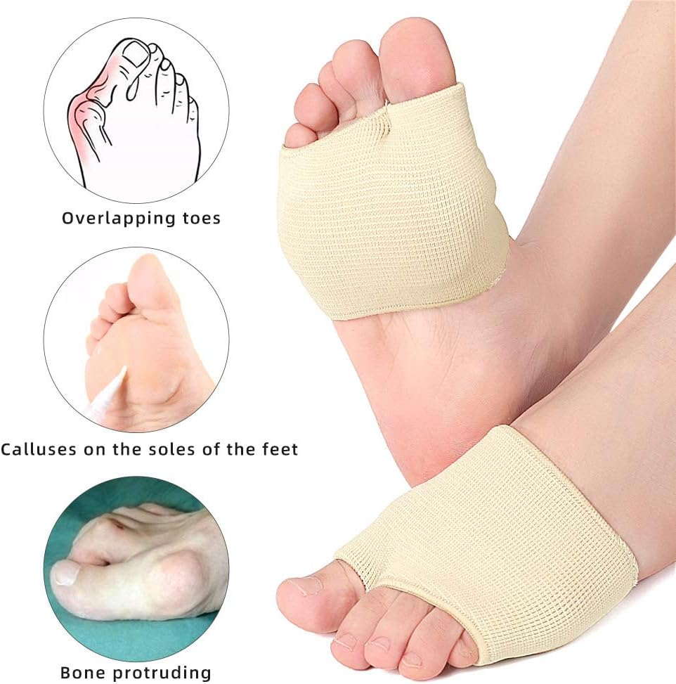 Metatarsal Gel Sleeve Pads Half Toe Bunion Sole Forefoot Cushion Half Socks Prevent Calluses Blisters Feet Care Tool (One Size Fit Most Women&Men, Beige) - Beige+Black image number 2