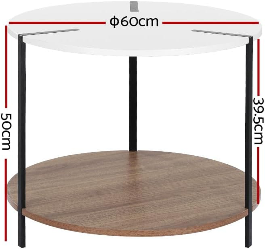 Artiss 60 CM round Coffee Table, Sofa Side for Living Room & Home Office, Marble Effect Modern End Bedside 60CM Black Metal Frame White MDF Top with 2-Tier Coffee Table Storage