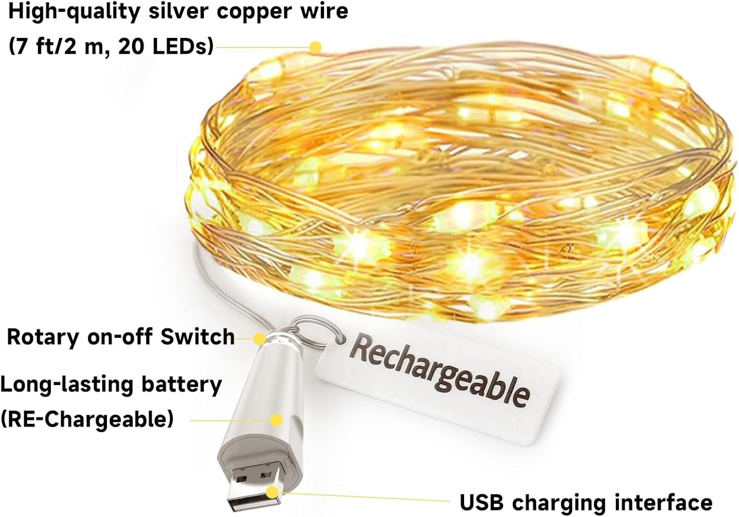 Leegoal USB Rechargeable Fairy Lights, 7 Ft 20 LED Copper Wire Lights, Battery Operated Waterproof Fire Fly Style, Ideal for Bedroom, Indoor/Outdoor, Wedding, Christmas, Party