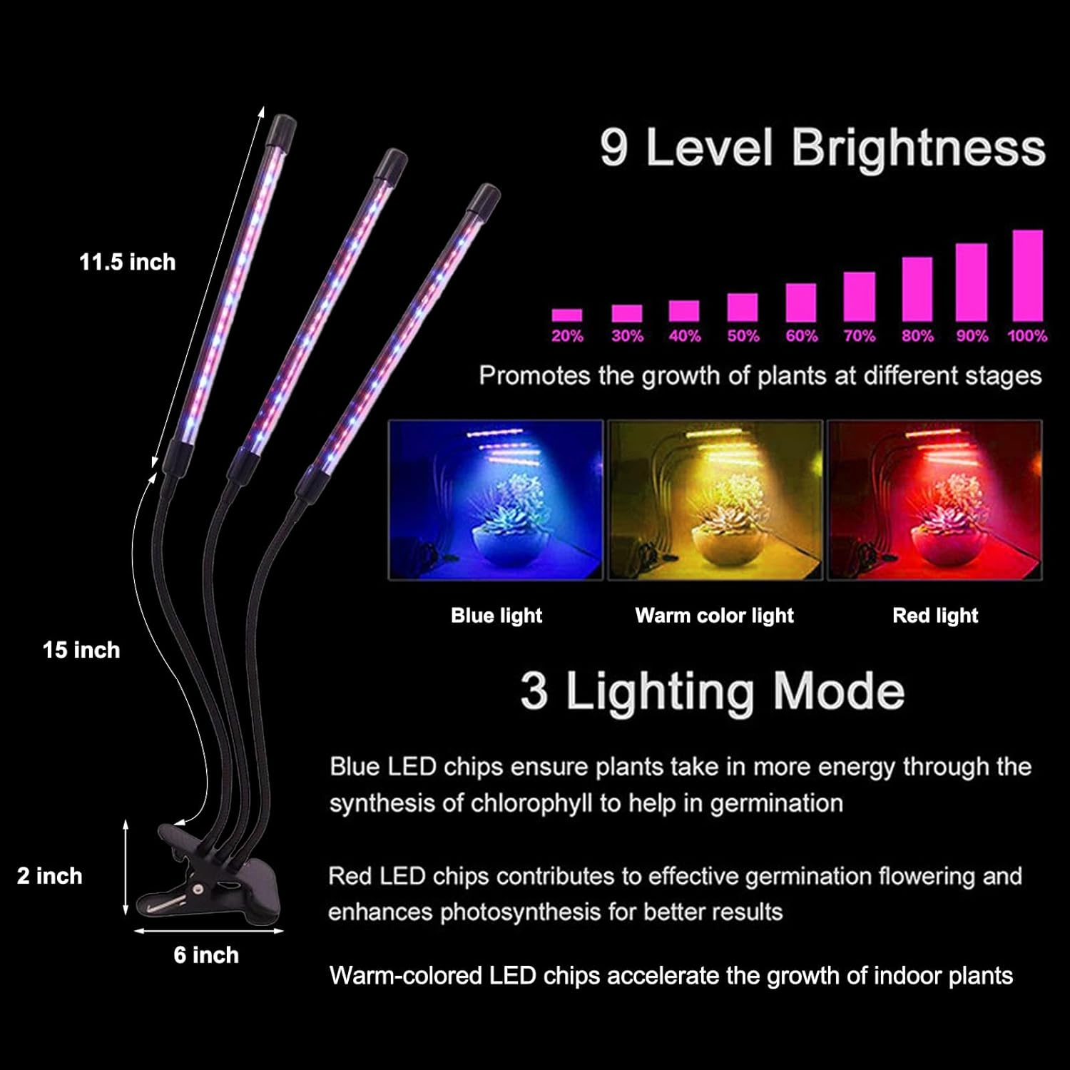 LED Grow Lights for Indoor Plants, 10 Dimmable Levels & Full Spectrum Sunlight, Auto On/Off Timer 3/9/12H, Adjustable Gooseneck with Clip-On Design, for Seeds, Succulents, Hydroponics (3 Tubes) image number 4