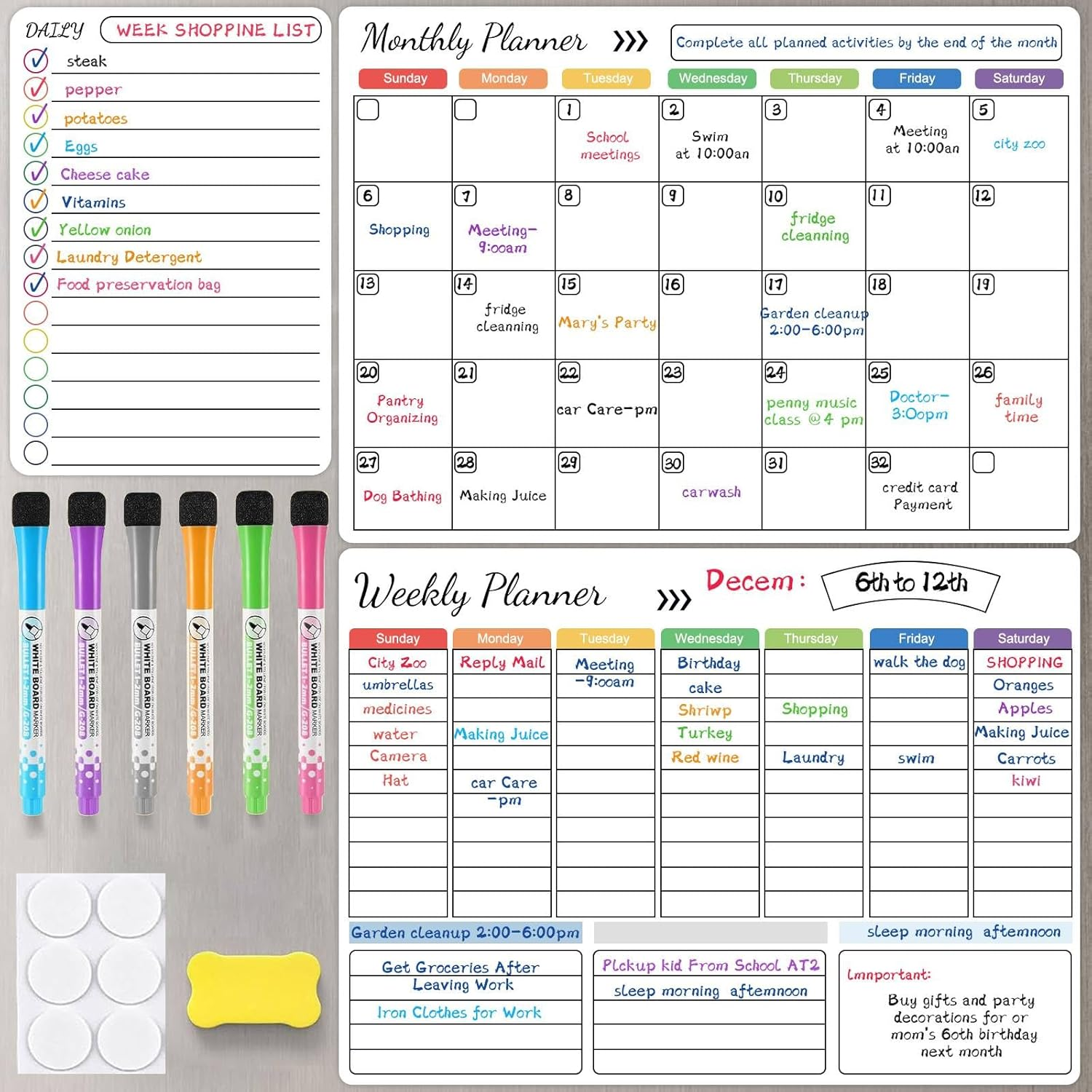 3Pcs Magnetic Dry Erase Calendar for Refrigerator - Daily, Weekly and Monthly Whiteboard Calendar for Fridge, No Stains or Ghosts - White Board Planner, 6 Magnetic Dry Erase Markers and Large Eraser