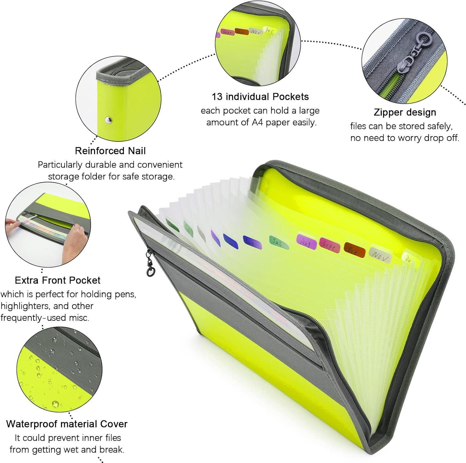 NAFY Expanding File Folders, 13 Pockets Document Organizer with Zipper, A4 Letter Size Portable Accordion Expanding File Folders with 27Pcs Multicolor Labels for Home Office School Supplies (Green) image number 2