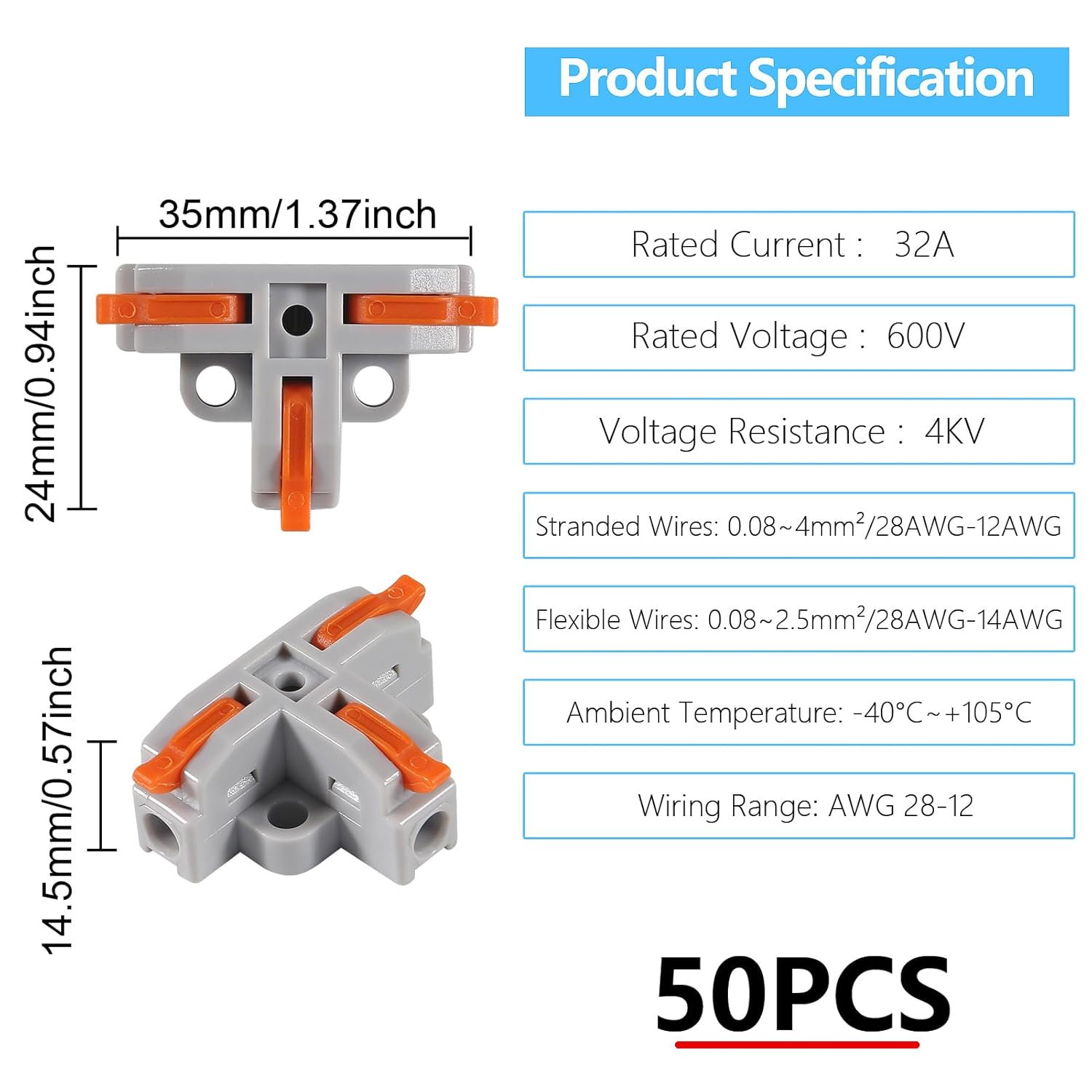 QCCAN 50PCS Lever Wire Connectors, T Shape Quick Wire Connectors, Electrical Lever Nuts Wire Connectors Push-In Connectors image number 5