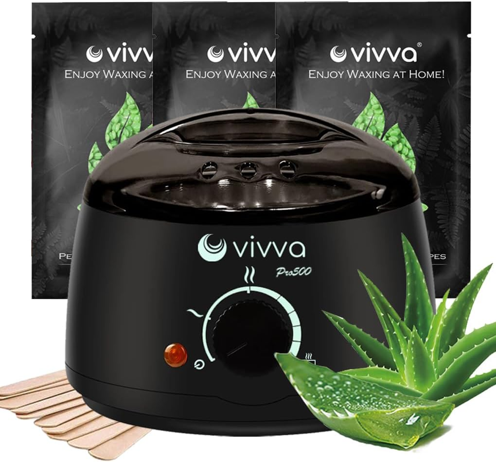 Vivva Waxing Kit, Wax Warmer Hair Removal Adjustable Temperature with 600G Hard Wax Beans and 20 Pcs Wooden Applicator Sticks Painless for Legs, Face, Underarm, Bikini (Black Kits)