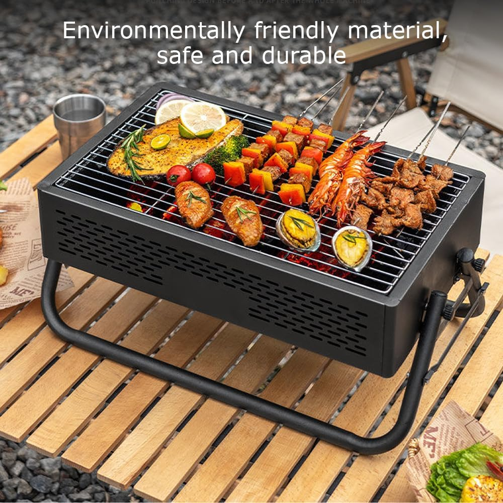 Rectangle Folding Barbecue Grill with Durable Material, Stainless Steel Charcoal Grill, Cooking Tea and BBQ Set, Portable BBQ Tool Kits, Suitable for Garden Picnic Outdoor Cooking (Black) image number 6