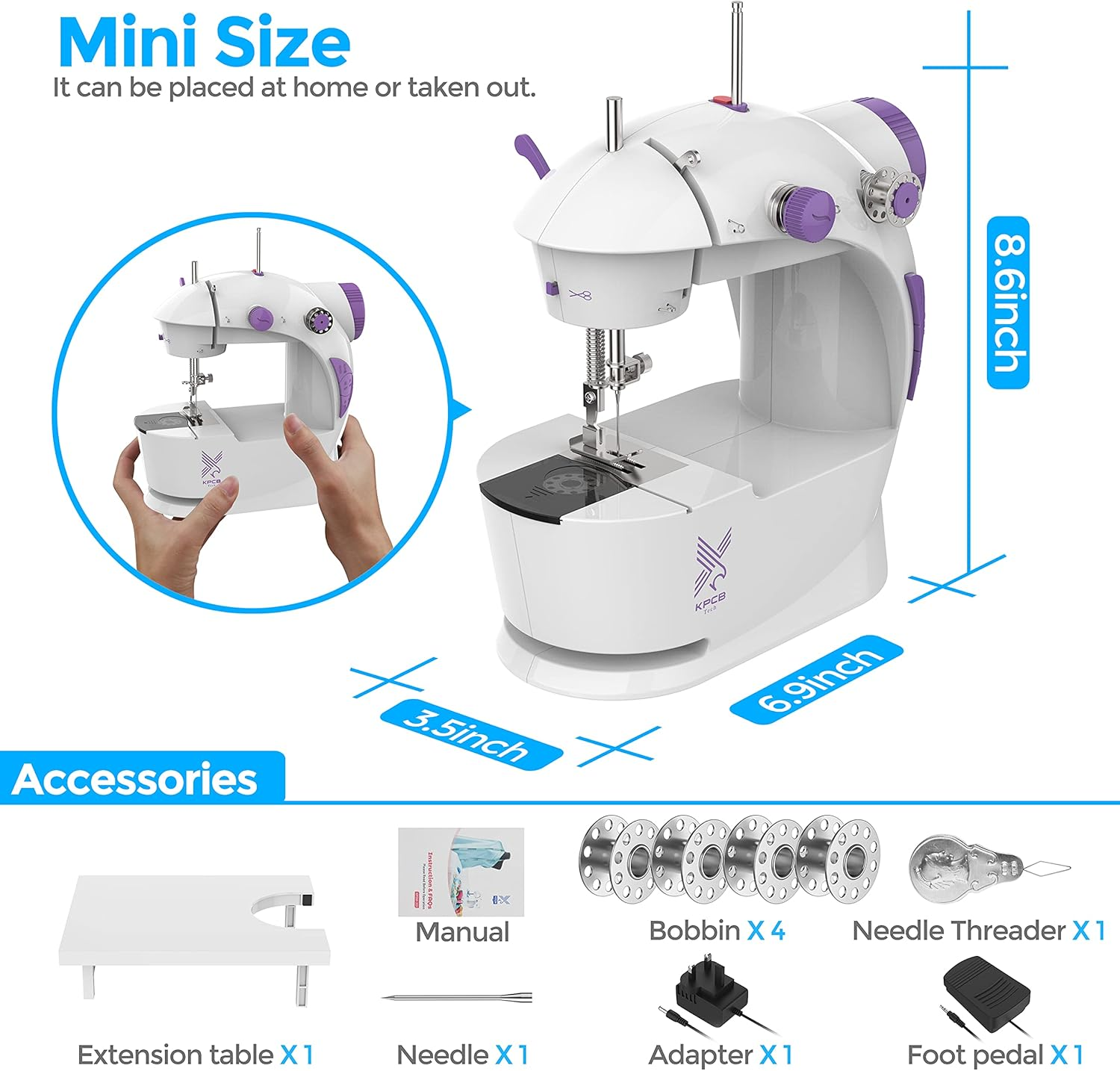 KPCB Tech Sewing Machine with 42Pcs Sewing Kit, Mini Sewing Machine with Foot Pedal & Extension Table, Dual Threads Electric Sewing Machines for Beginners image number 3