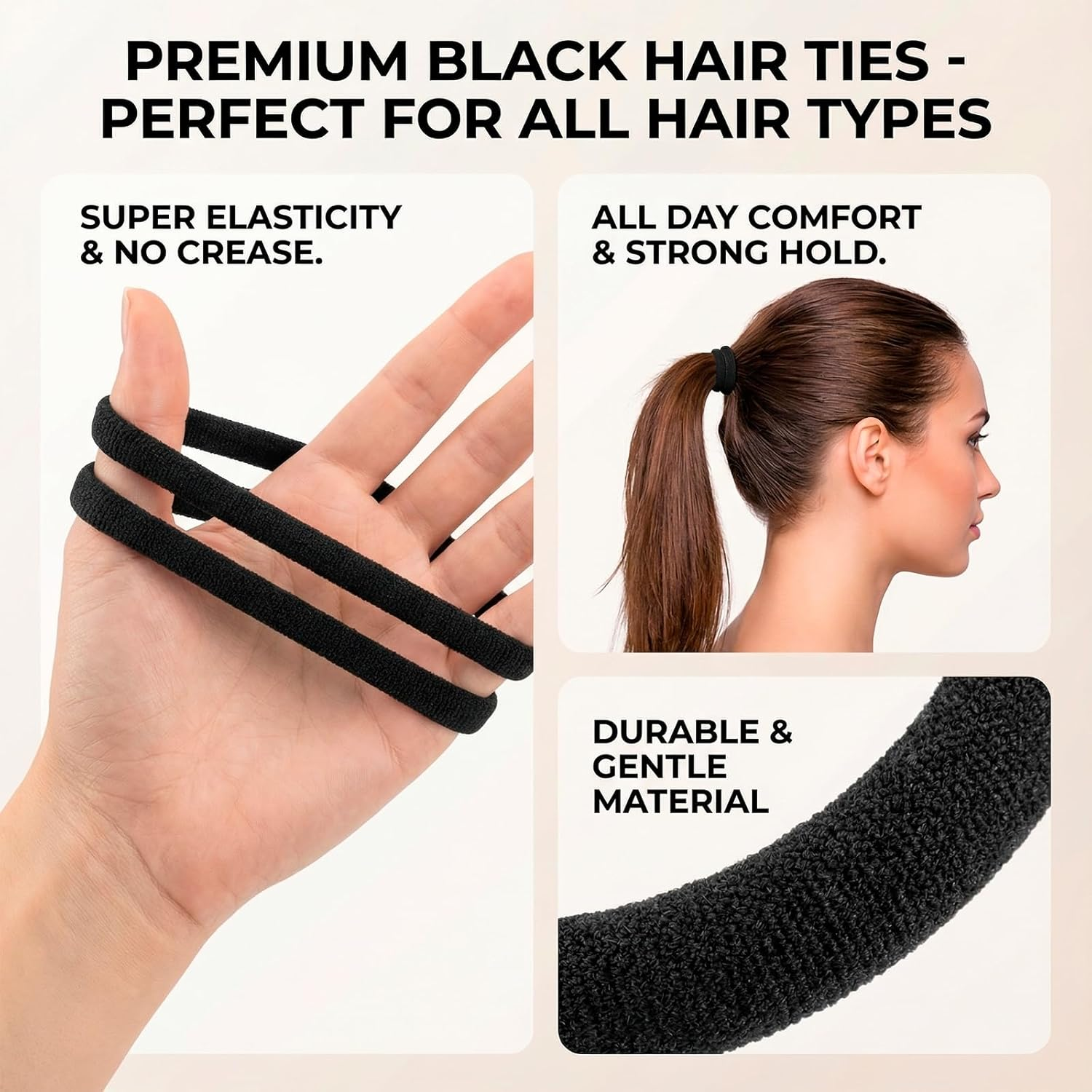 Luzcauwy 100Pcs Seamless Hair Ties, Soft Cloth Fabric Black Bands - Damage Free Ponytail Holder for Thick Thin Hair, Elastic Scrunchie Headband Accessories for Women Girls, 1.5 Inch Diameter