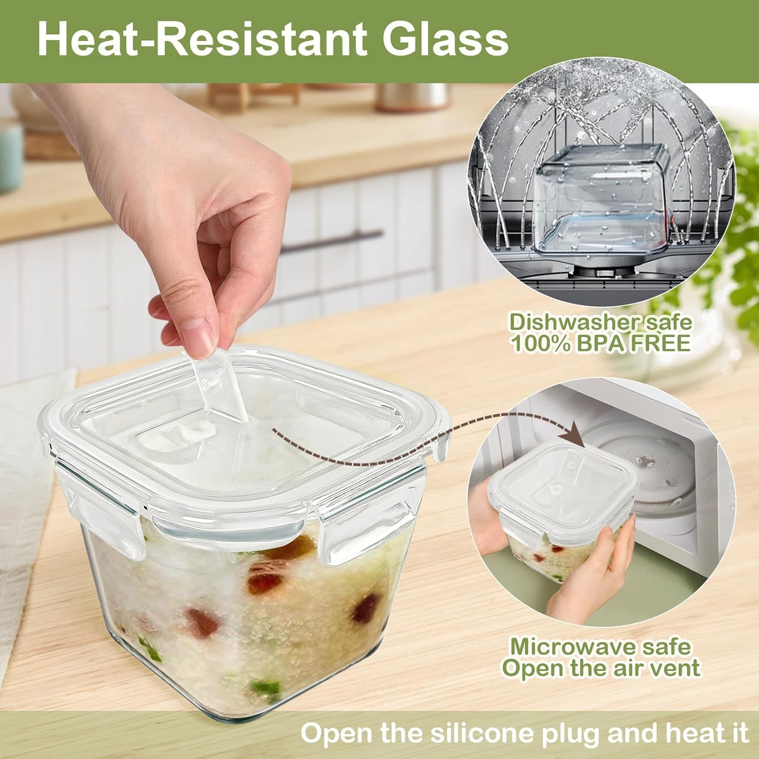 Square Glass Soup Containers with Lids, 4 Cup Glass Storage Containers for Lunch, Glass Freezer Safe Food Storage Jars for Salad, Fruit and Ice Cream, Bowl Reusable Microwavable 32 Oz