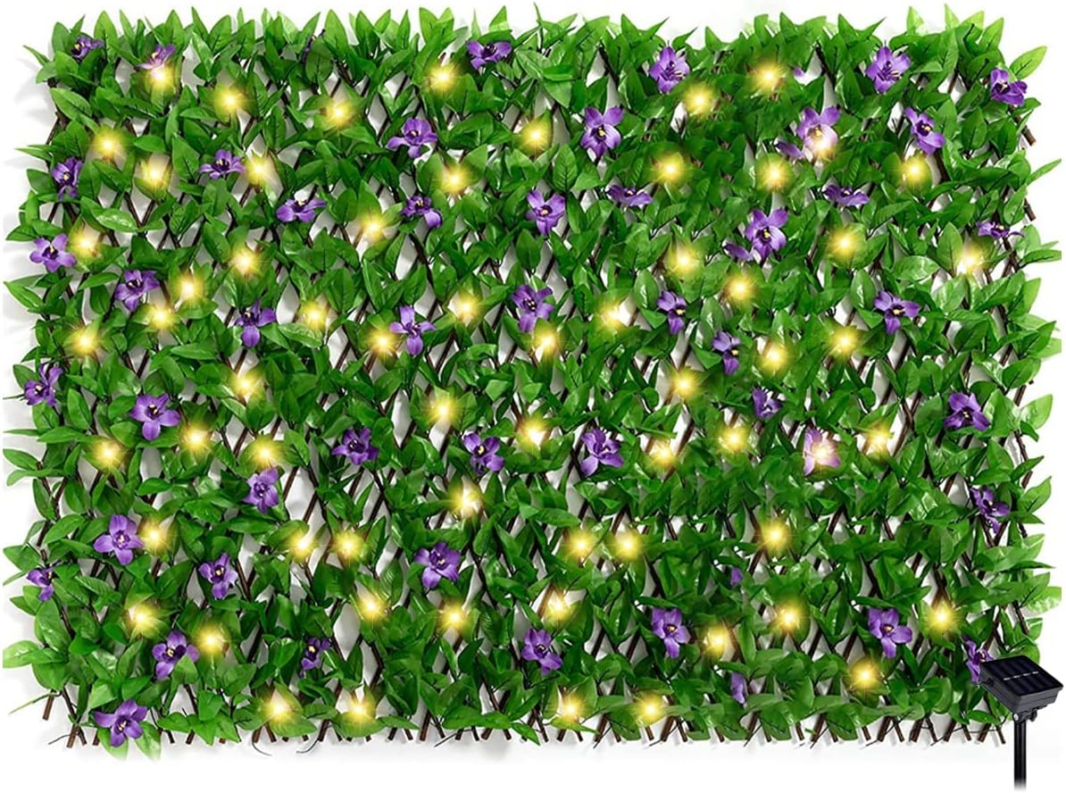 HSHGZSR Expandable Fence Privacy Screen with Solar String Lights Violet Hedges Backdrop Decor Faux Trumpet Flower Fence Screen for Patio Garden Balcony Backyard image number 4