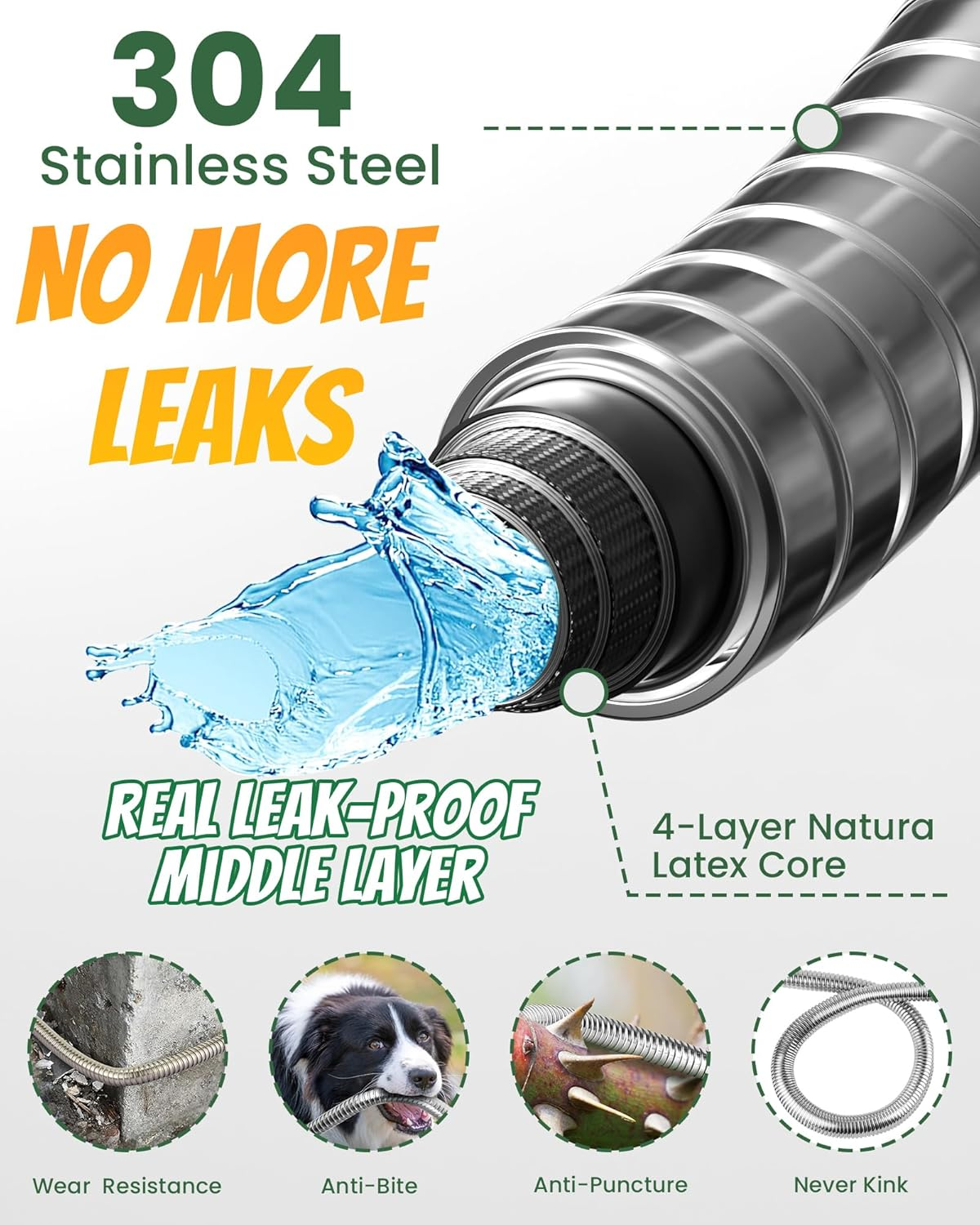 Garden Hose 100FT (30M) - Stainless Steel Water Hoses with 10 Function Spray Nozzle, Lightweight, Heavy Duty & Flexible with Removable Hose Connector for Car Wash, Outdoor, Yard, RV & Garden image number 3