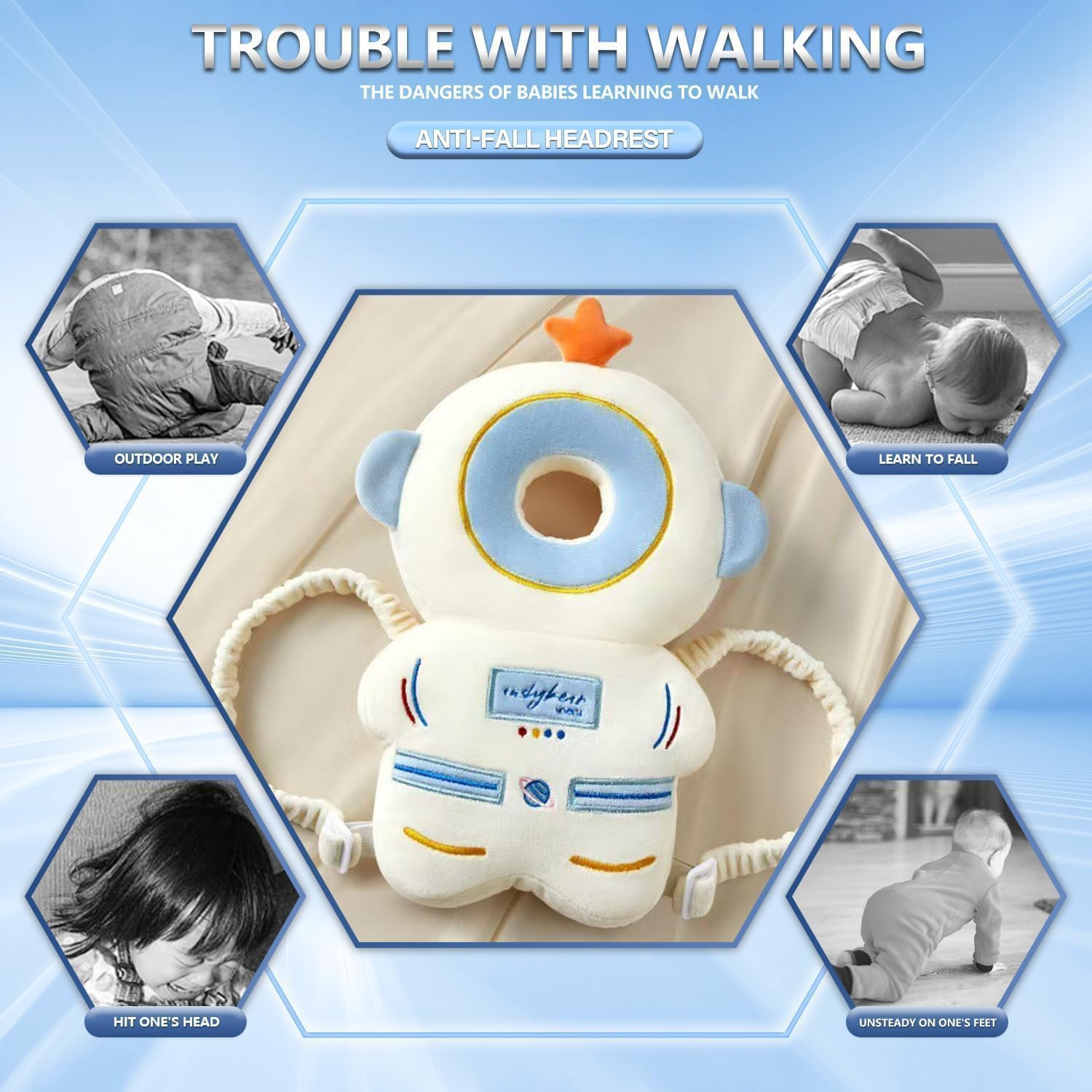 Baby Walker Head Protector Backpack Wear,Toddler Adjustable Protection, Safety Pad Backpack for 5-24 Months Baby Learning Walking Crawling,Baby Head Protection Pad (Astronaut) ((Astronaut)) image number 5