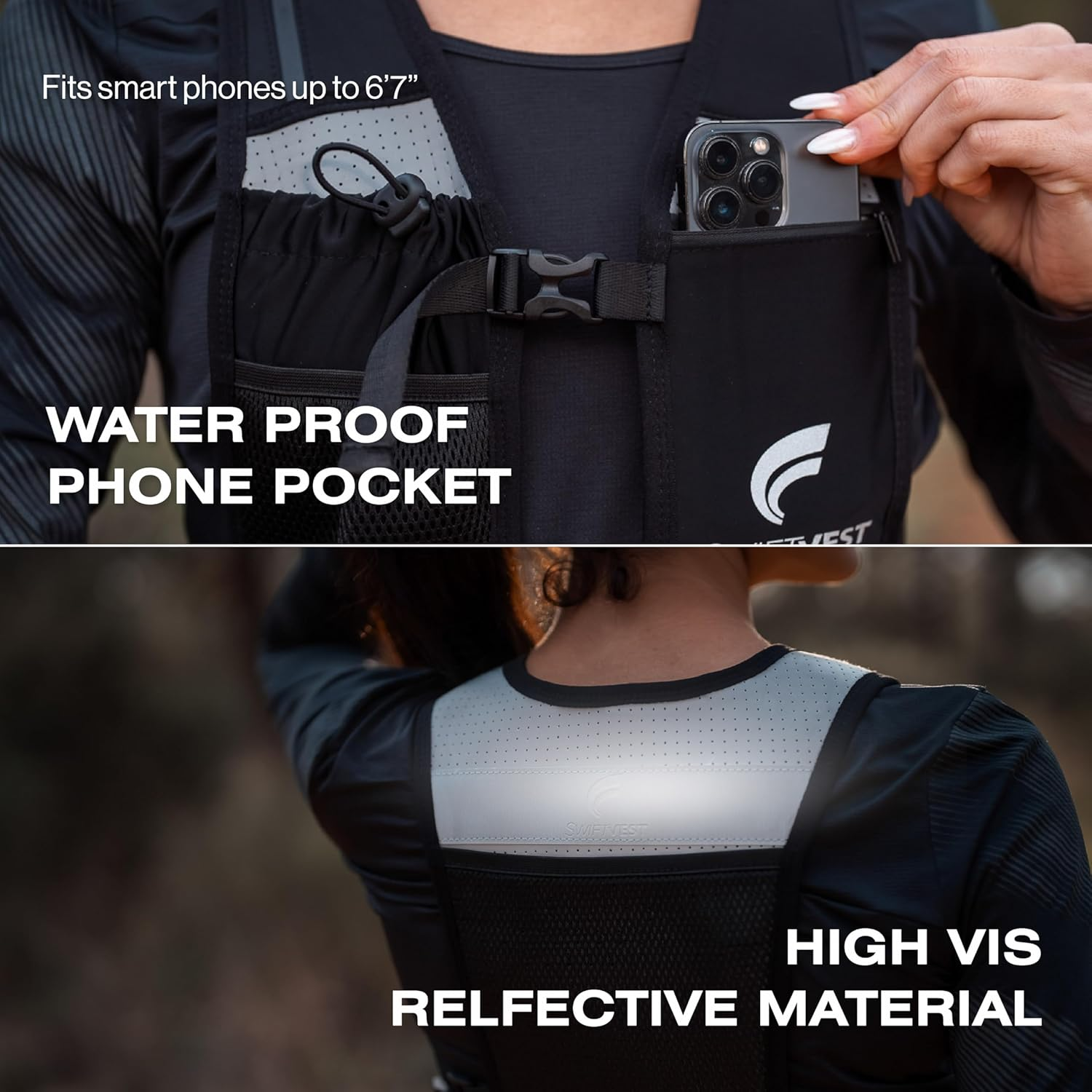 SWIFTVEST Running Phone Holder Vest | Waterproof Phone Pouch | Reflective Hydration Vest | Adjustable Waistband | Water Bottle Holder | Lightweight | 6 Pockets for Running Accessories - Men & Women image number 3