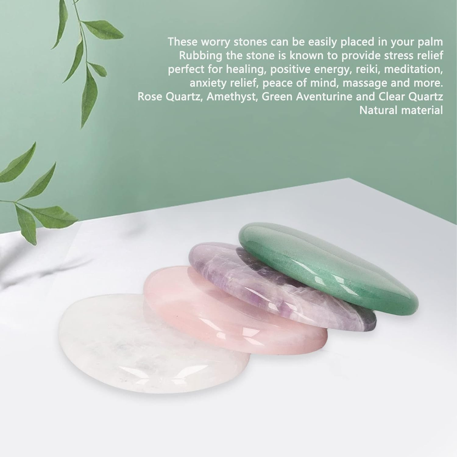Thumb Worry Stone, 4 PCS Amethyst, Rose Quartz, Green Aventurine and Clear Quartz Healing Crystal Pocket Palm Stone, Chakra Stones, Oval Pocket for Anxiety Stress Relief, image number 3
