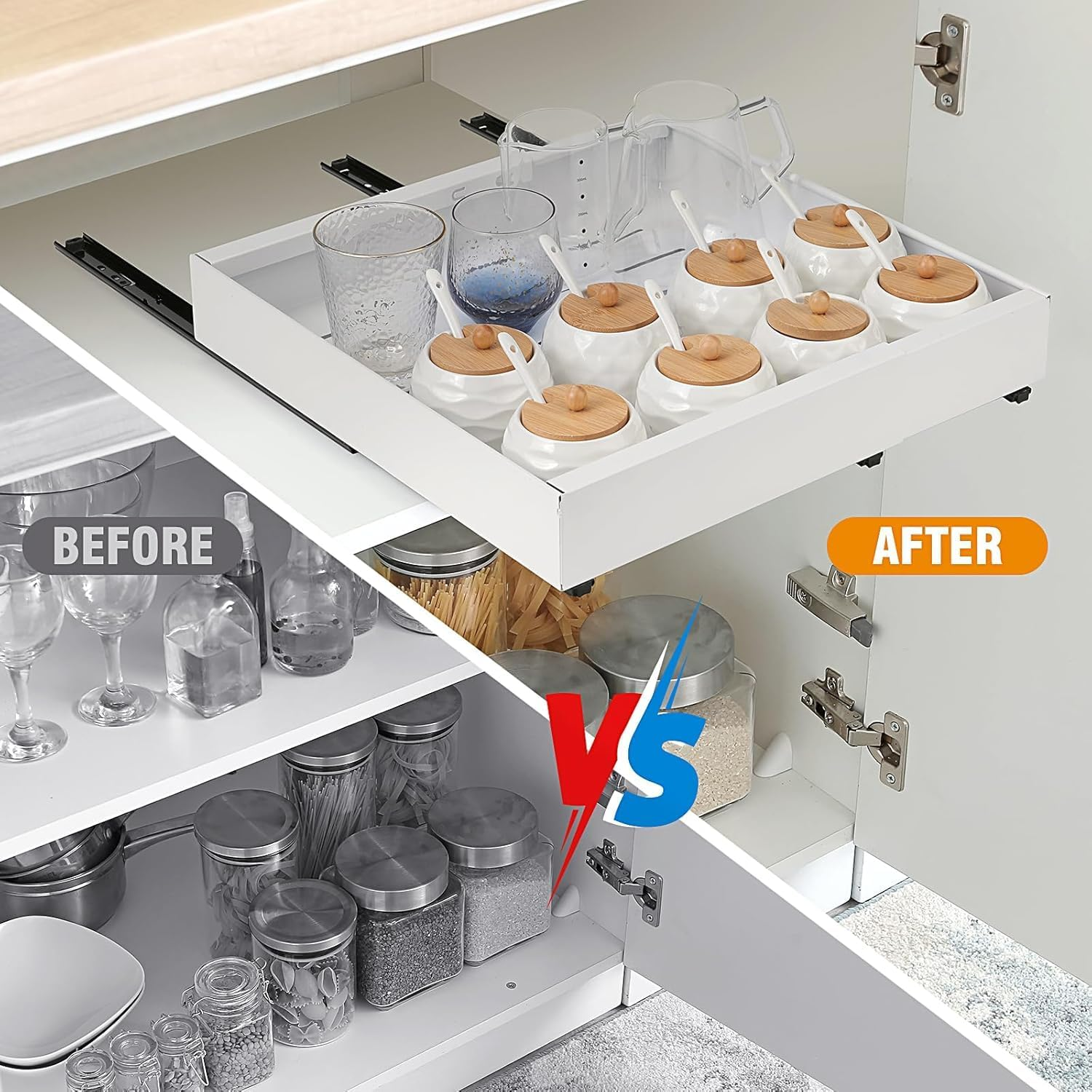 Pull Out Cabinet Organizer,Extendable Slide Out Pantry Shelves Storage,Sliding Drawer Pantry Shelf for Kitchen, Living Room, Home,Adhesive Pull Out Drawers for Cabinets (2) image number 2