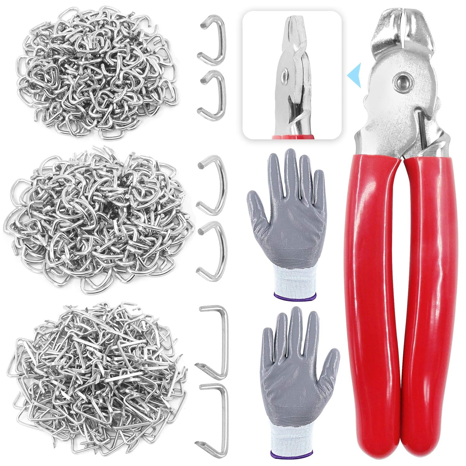 Glarks 362Pcs Hog Ring Pliers Kit with 360Pcs 1/2'' 3/4'' 3/8'' Steel Hog Rings and Anti-Cutting Gloves for Upholstery, Fencing, DIY Craft, Furniture and More image number 4
