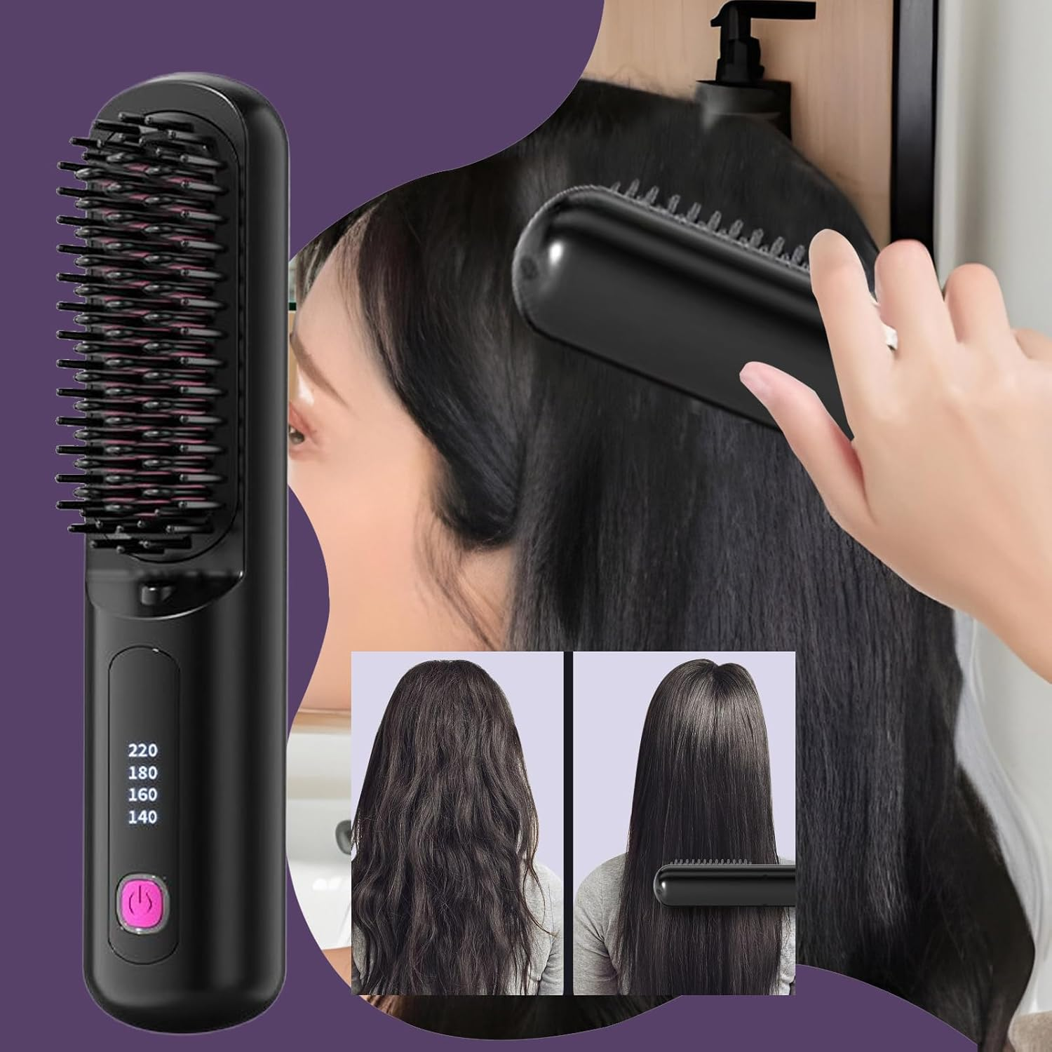 Hair Straightener Cordless - Straight Hair Comb Brush | 4 Levels Adjustable Rechargeable Fast Heating Straightener for Home Travel Styling Curling Women Teens