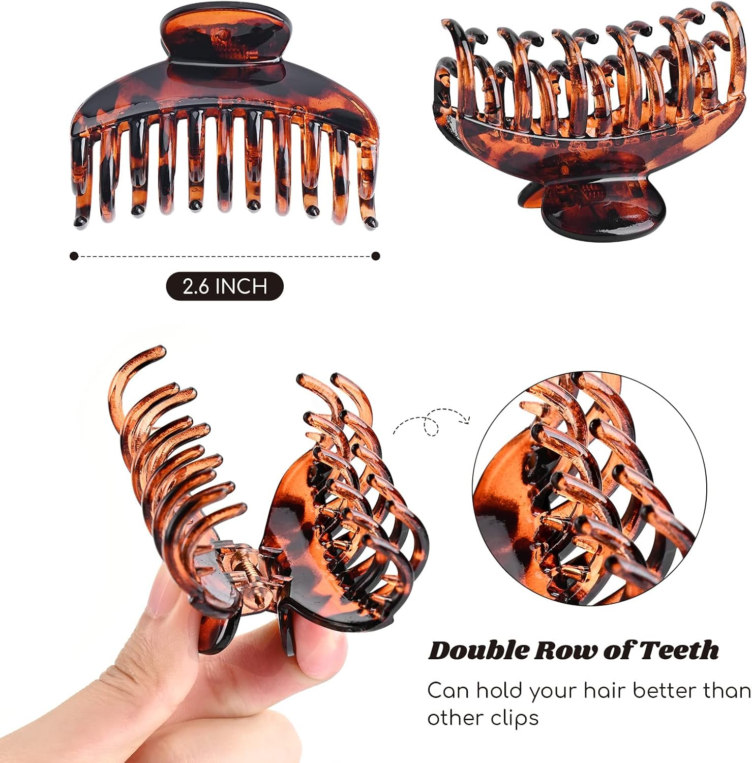 DEEKA 3 PCS 2.5 Inch Tortoise Shell Hair Claw Clips Double Row Teeth Plastic Hair Jaw Clips Hair Barrettes Thick Medium Thin Hair Clips for Women image number 4