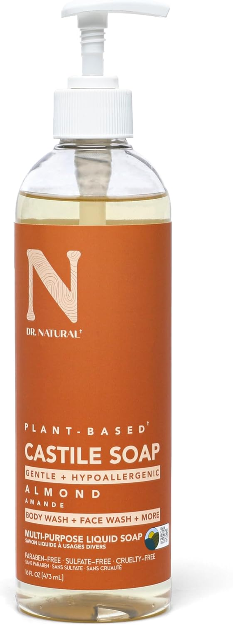 Dr. Natural Castile Liquid Soap - Multi-Use Body Wash, Shampoo and Face Wash - Hydrating Body Soap for Skin, Hair, Pets and Home - Almond - 473 Ml image number 1