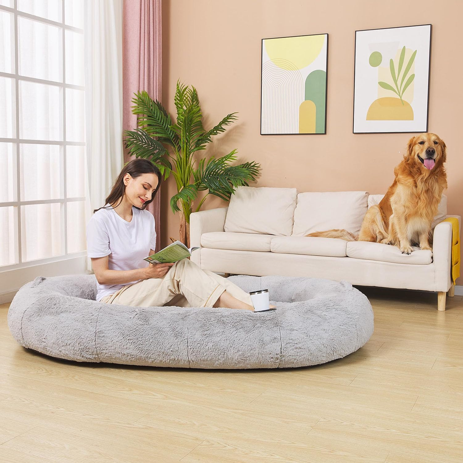 Fond + Found Large Human Dog Bed Fluffy Faux Fur Bean Bag Bed Nap Bed for Pets&Adults with Memory Foam, Floor Mat, Human Sized Foldable Pet Bed, Removable Washable Fur Cover image number 5